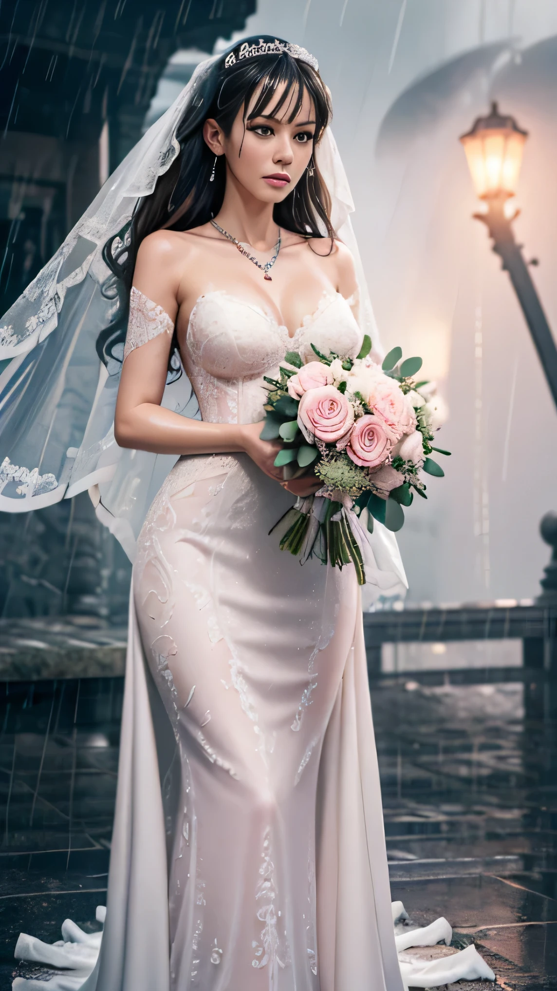 (RAW shooting, Photoreal:1.5, 8K, highest quality, masterpiece, ultra high resolution), perfect dynamic composition:1.2, In front of a church, expression of sadness:0.7, ((((Typhoon heavy rain)))), Slim office lady wet in the rain:1.3, sexy beauty:1.1, perfect style:1.2, beautiful and aesthetic:1.1, very beautiful face:1.2, water droplets on the skin, rain drips all over my body:1.3, (wet body:1.2, wet hair:1.3), (Holding a wet bouquet:1.2, wet pink wedding dress:1.3), (Medium chest, Bra see-through, Chest gap), (cry, lovelorn, The expression on your face when you feel intense caress, Facial expression when feeling pleasure), (beautiful blue eyes, Eyes that feel beautiful eros:0.8), (Too erotic:0.9), necklace, earrings, bracelet, ((full body shot)),