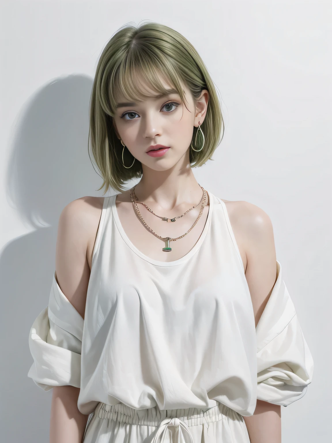 (8K, highest quality, High resolution, masterpiece :1.3), (white background), stylish, hisense, fashion, The contour is the length of the surface, eyes are long, wavy green short hair, hair band, oversized clothes, baggy clothes, Upper body, necklace, earrings, graphic design, take a pose,