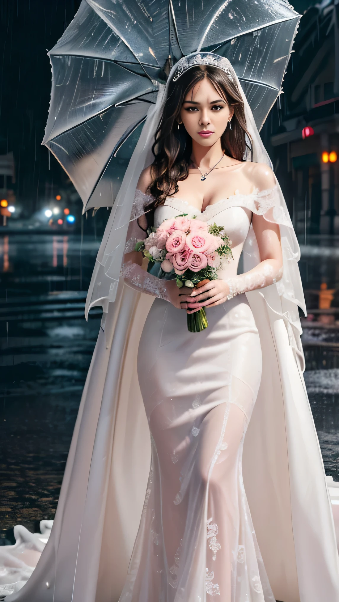 (RAW shooting, Photoreal:1.5, 8K, highest quality, masterpiece, ultra high resolution), perfect dynamic composition:1.2, In front of a church, expression of sadness:0.7, ((((Typhoon heavy rain)))), Slim office lady wet in the rain:1.3, sexy beauty:1.1, perfect style:1.2, beautiful and aesthetic:1.1, very beautiful face:1.2, water droplets on the skin, rain drips all over my body:1.3, (wet body:1.2, wet hair:1.3), (Holding a wet bouquet:1.2, wet pink wedding dress:1.3), (Medium chest, Bra see-through, Chest gap), (cry, lovelorn, The expression on your face when you feel intense caress, Facial expression when feeling pleasure), (beautiful blue eyes, Eyes that feel beautiful eros:0.8), (Too erotic:0.9), necklace, earrings, bracelet, ((full body shot)),