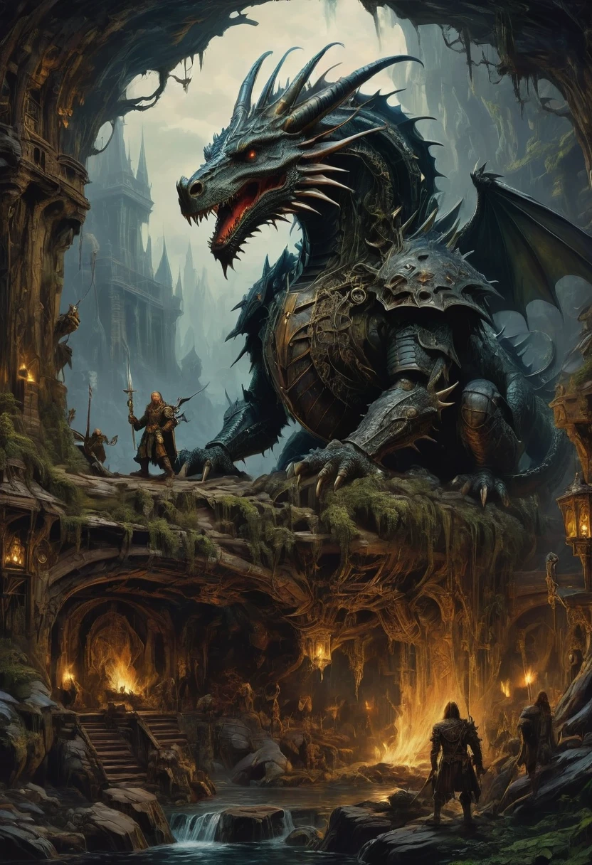 Dungeons & Dragons, by Peter Mohrbacher and Gerald Brom, dark theme, best quality, masterpiece, very aesthetic, perfect composition, intricate details, ultra-detailed