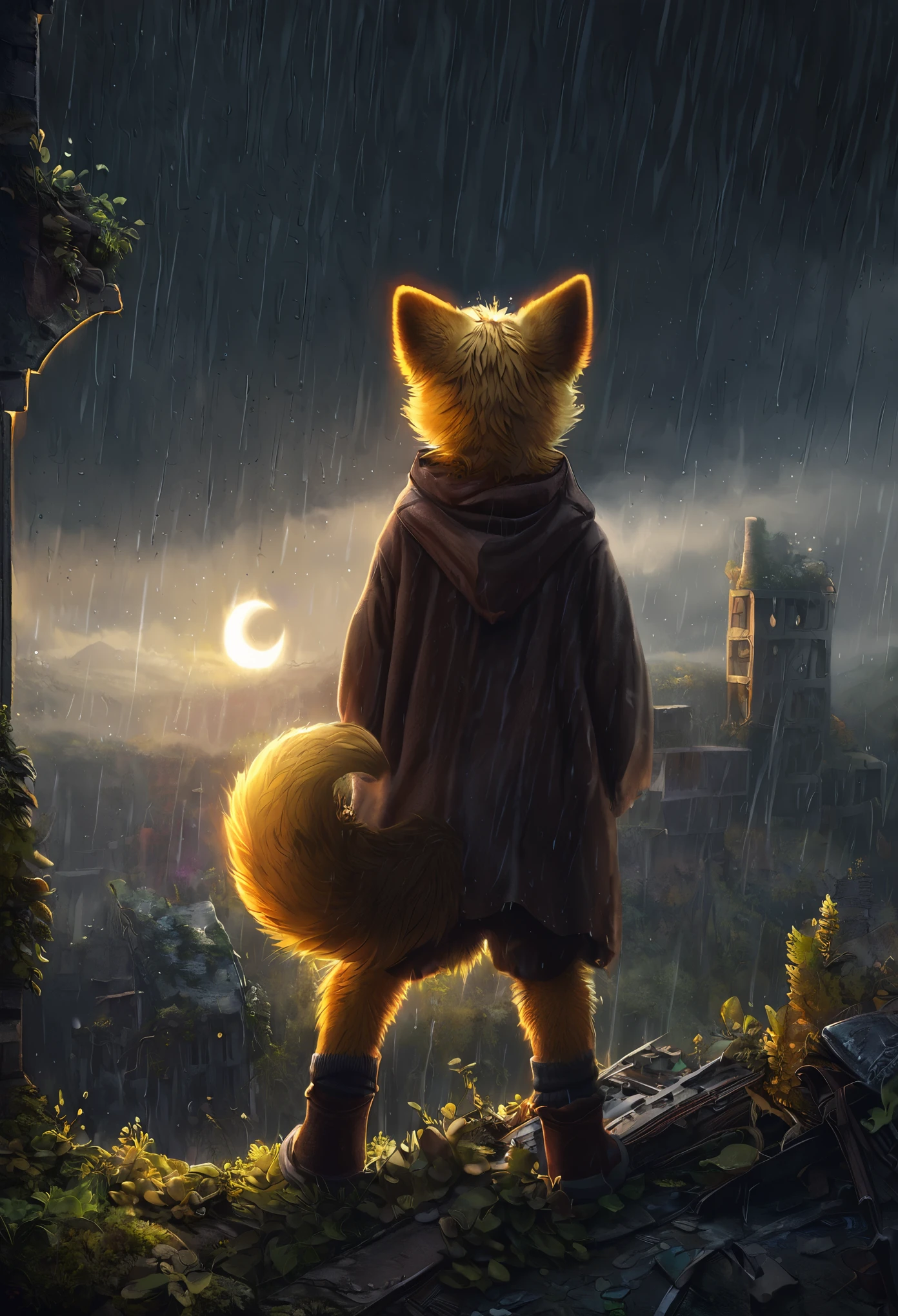 Shota the fox，hairy pubic，shaggy，Skin fur，Golden fur，Golden yellow face fur,Short straight blonde hair，Eyes have light，Red eyes，Brown elements on fur，Brown coat brown hood up，Star pattern white top，brown shorts，Beautiful lights and shadows，Ambient light，Ultra-fine fur，volumettic light,natural  lightting，Fluffy tail，Dilapidated building，Plant elements in ruins，lichen，There is no other life，Night，starrysky，Vast landscape，crossed bangs, Hairline, Shiny hair, lone nape hair, ，Dilated pupils，Sleepy，（moon full：1.2），（meteors：0.9），（Starcloud：1.3）（Warm light source：1.2），Rained，wetclothes, (overcast sky, Standing downpour:1.1), Extra-long sleeves， Purple and orange，Complicated details，Volumetriclighting，Realist breakthrough（tmasterpiece：1.2）（best qualtiy），4K，Ultra-delicate，（Dynamic configuration：1.4），Highly detailed and colorful details，（Irridescent color ：1.2），（luminouslighting，Atmospheric lighting），dream magical，magic，（solo：1.2）Glowing light,Empty eyes