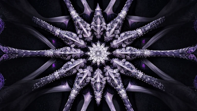 Symmetrical fractal design with star-like patterns in shades of purple with intricate detailling, set against a black blackground