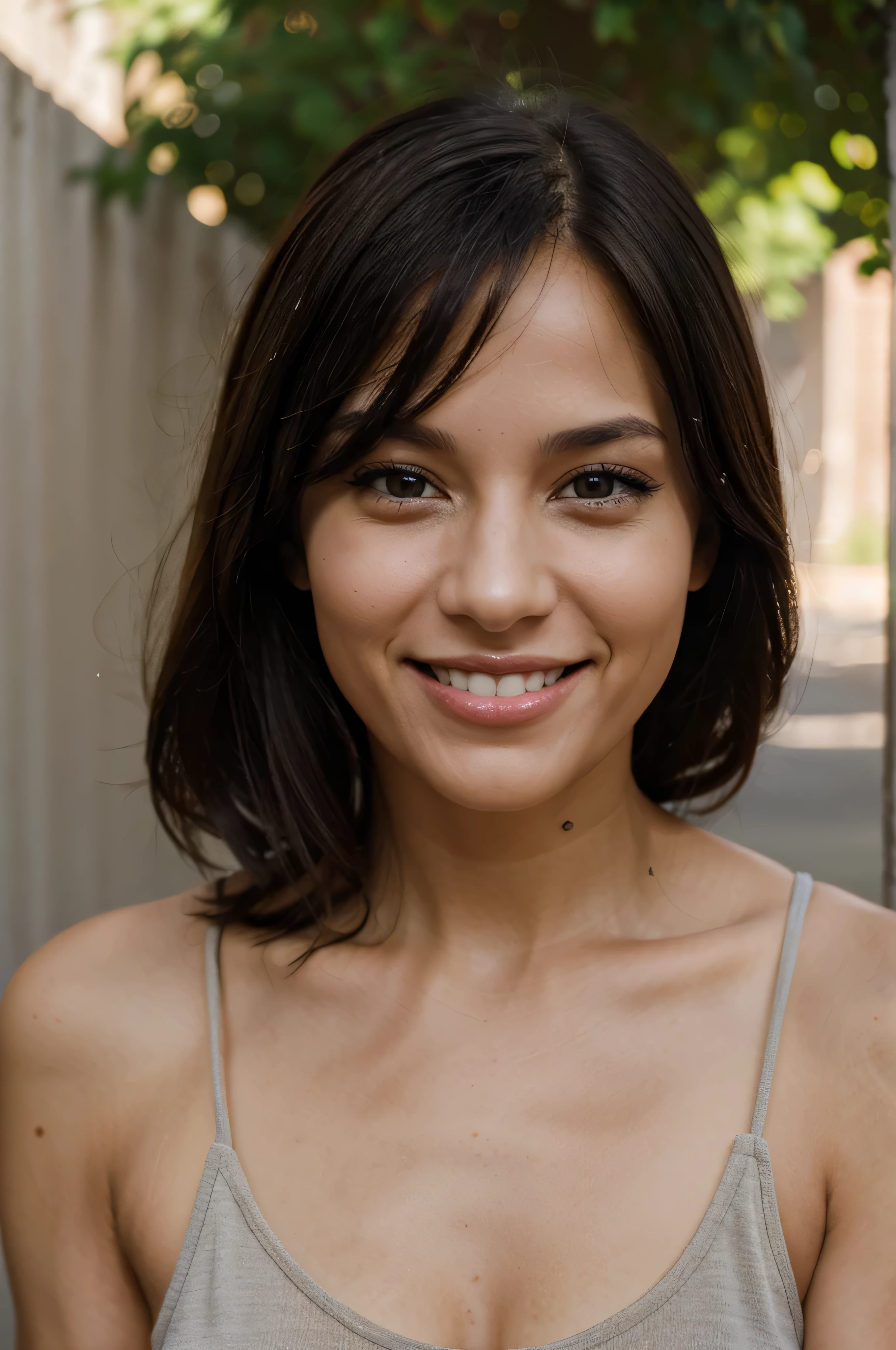 portrait 35 years old american woman smiles. Light skin, straight dark hair, dark eyes