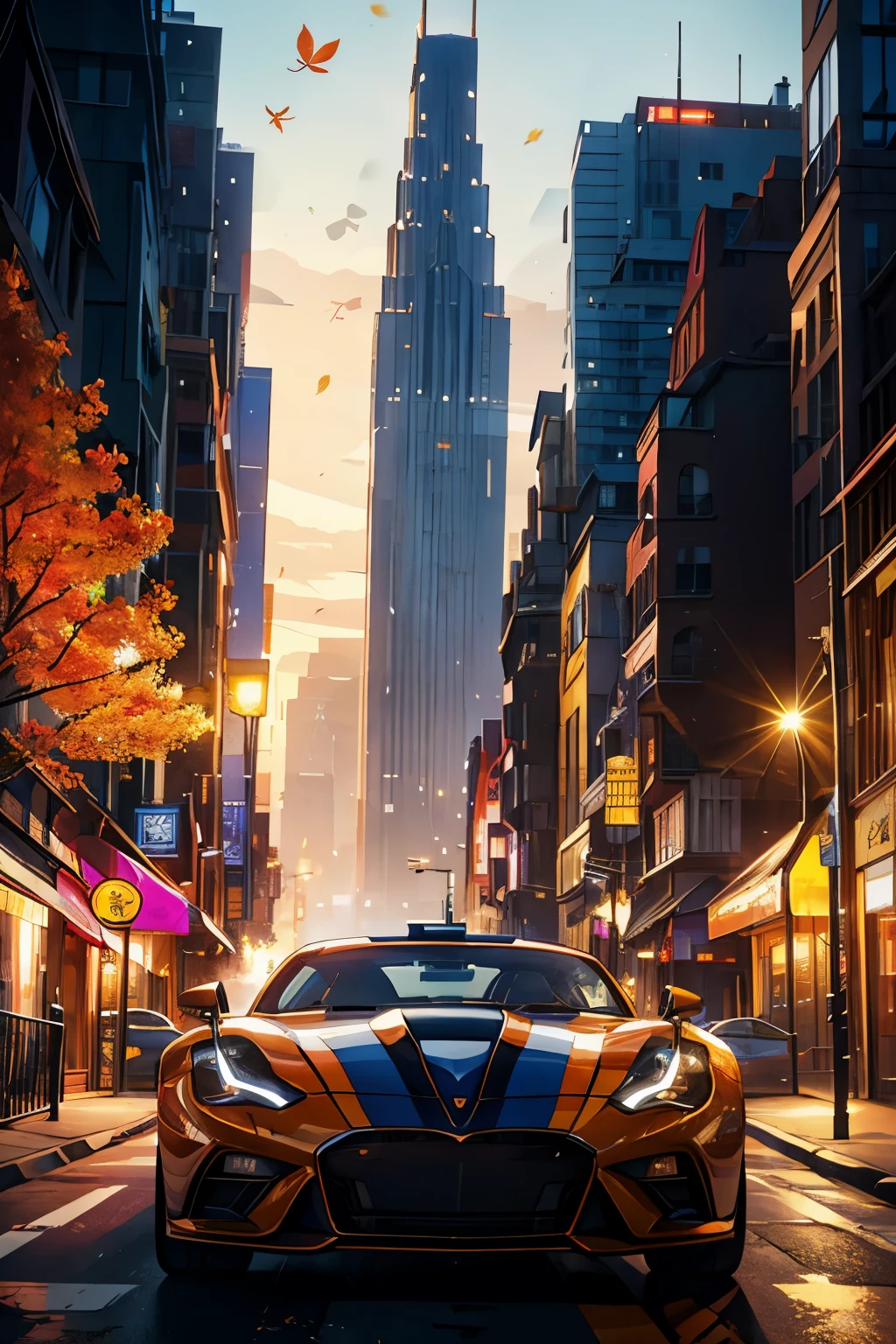 SKYLINER32, (A dazzling sports car is parked elegantly on a street blanketed with autumn leaves:1.3), Fall foliage, Global illumination casts a warm glow, Volumetric lighting adds depth and texture, Best quality CGI rendering, Highly detailed and lifelike illustration, Octane Render showcases stunning visual realism, Masterpiece of digital artistry, Capturing the essence of an urban autumn scene, Awe-inspiring visuals, Detailed reflections on the car, (Cityscape with towering buildings and streetlights in the background:1.0)