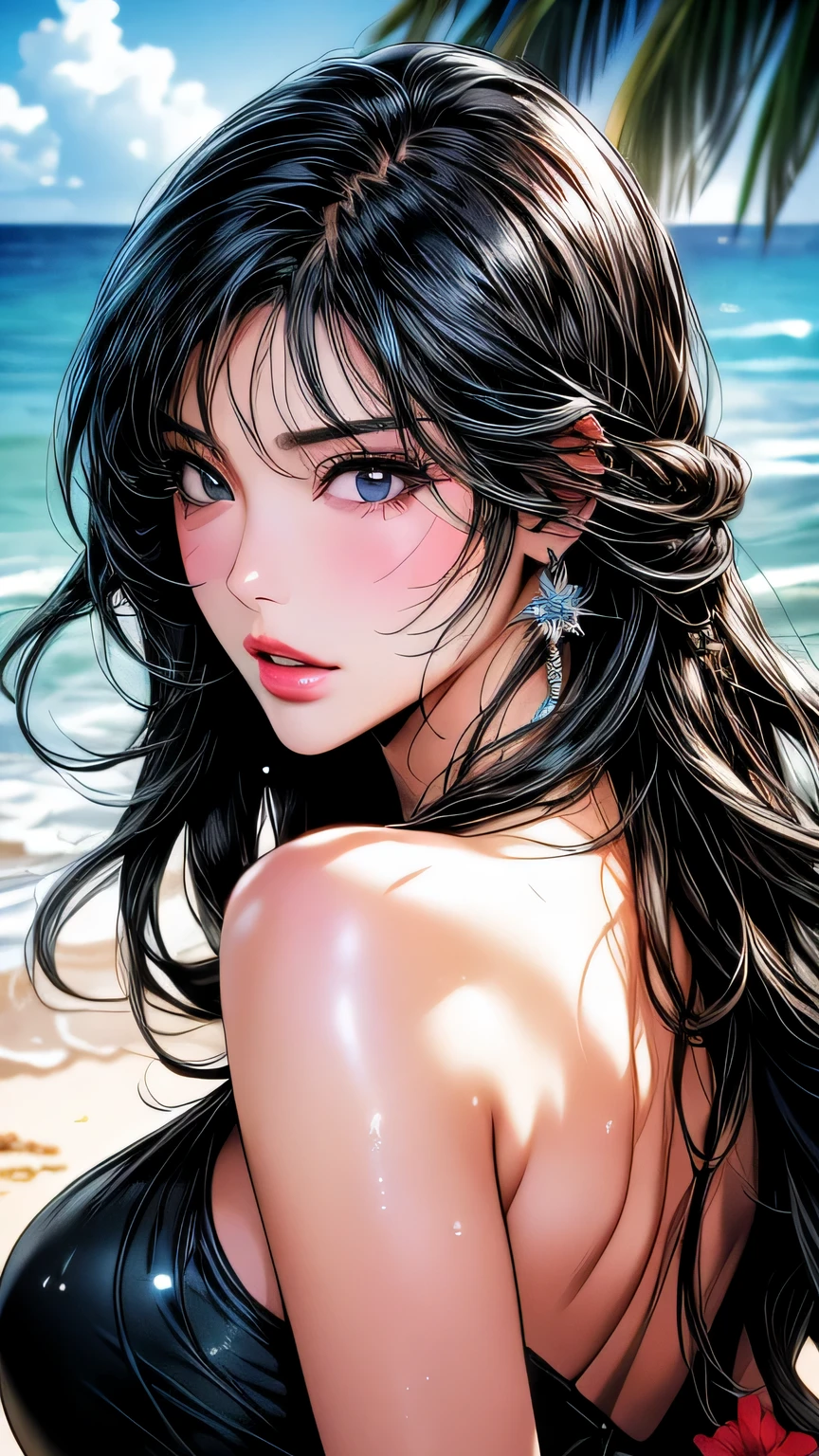 (((close up of face)))､1 girl (master piece:1.2) (detailed:1.2) (highest quality:1.1) (shiny hair) (shiny skin), Nico Robin V2, movie lighting, (wet skin, wet hair, big:1.2), big, (beach, Palm tree), beach, clear water,(blue sky, Cumulonimbus cloud),(Smooth),(hibiscus),laughter, black eye, one piece, Nico Robin, Huge_chest, ~ side、masterpiece、highest quality、Super fine、High resolution、very detailed写真、(natural skin texture、fine skin、hyper realism、Super sharpness)、high detail skin、(very detailed、fine skinの質感、intricate details、one piece水着、((close up of face))､sexy