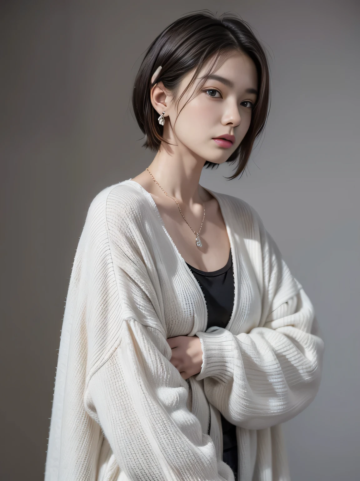 (8K, highest quality, High resolution, masterpiece :1.3), (white background), stylish, hisense, fashion, The contour is the length of the surface, eyes are long, wavy silver short hair, hair band, oversized clothes, baggy clothes, Upper body, necklace, earrings, graphic design, take a pose,