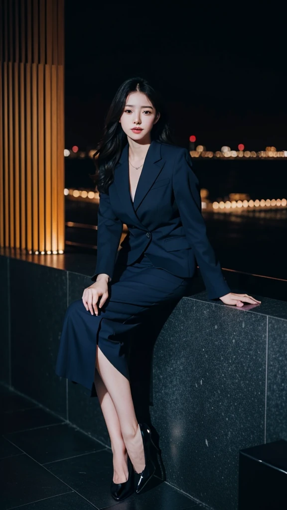 best quality, full body portrait, delicate face, pretty face, 25 year old woman, slim figure, big bust, office lady, office clothes, navy blue, exterior, sitting position