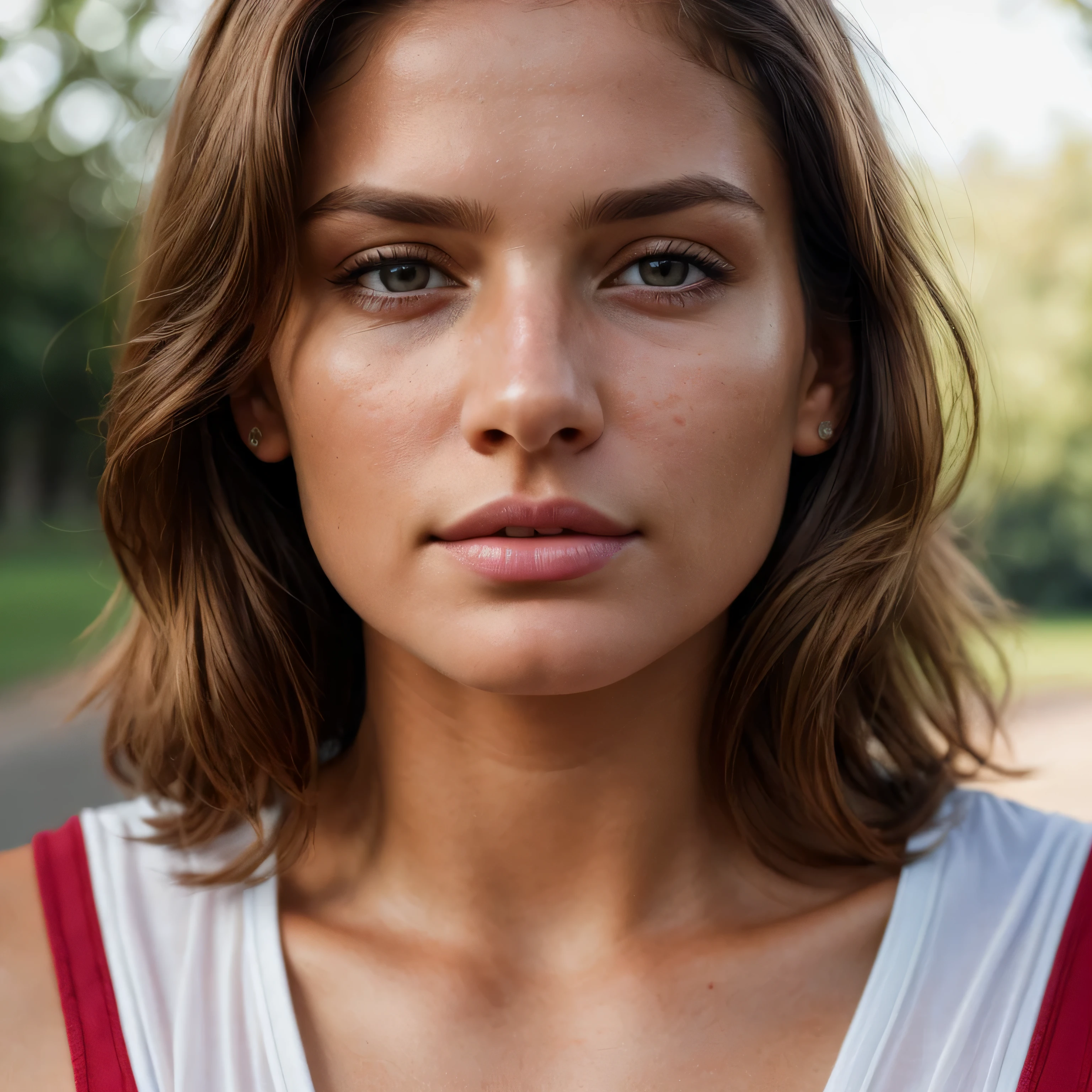 wearing fitness clotheasterpiece, best quality, high resolution:1.4), 1 Brazilian girl, angel, skin pores texture, Hair light brown, HD , Photography, movie, cinematic, full Body, Realistic, (8k, RAW photo, best quality, masterpiece:1.2), (realistic, photo-realistic:1.33), best quality, detailed small eyes brown, cute, sympathetic, Caucasian, natural lighting, depth of field, film grain, wrinkled skin, sharp, detailed and realistic portrait of a woman ,(freckles:0.5)