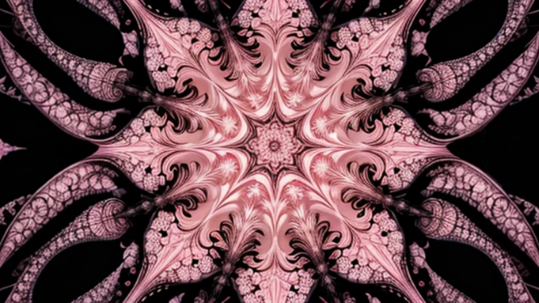 Symmetrical fractal design with star-like patterns in shades of pink with intricate detailling, set against a black blackground