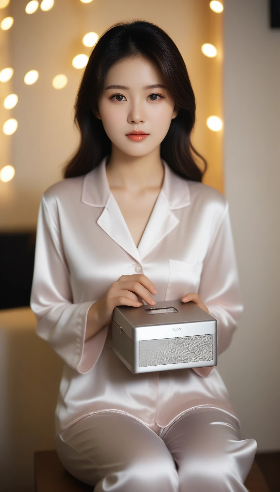 close-up of beautiful korean female, 34 inch breasts size, wearing satin silver pattern pyjamas, holding music box, sitting in the corner of the room, bokeh background, Polaroid photo, UHD 