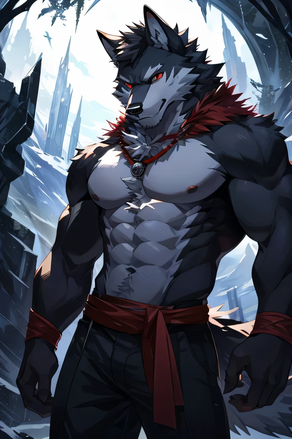 1boy, abs, animal ears, bara, belt, black pants, building, chest tattoo, city, cowboy shot, furry, furry male, grey fur, large pectorals, looking at viewer, male focus, muscular, muscular male, navel, nipples, outdoors, pants, pectorals, scar, solo, stomach, topless male, white fur, wolf boy, wolf ears, yellow eyes