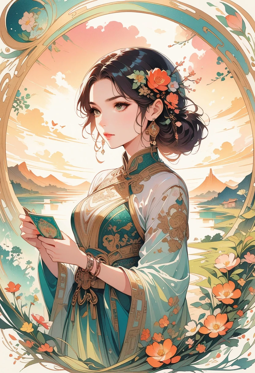 ((Best quality)) , ((Masterpiece)) , (Detailed) , (((card game illustration)))，Scribbled brushstrokes of the gloomy digital age (woman:1.3) Hold a tea , She was curious, Women have geometrically shaped noses, She wears Jellaba, Jellaba is retro-futuristic, It has vintage details on it, Exercise posture, 靠近 Chibi Christ the Redeemer, At sunset, Surprising, suns rays, Macro lens, 8K resolution. This scene embodies the tranquility and beauty of classical Chinese art, with a touch of nature，Chinese illustration，flat illustration，Marker drawing，Colored ink on paper，Vector illustration