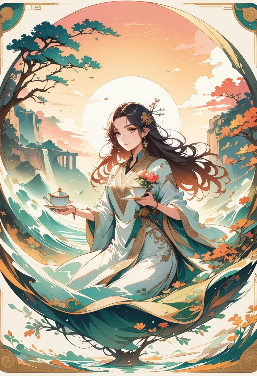 ((Best quality)) , ((Masterpiece)) , (Detailed) , (((card game illustration)))，Scribbled brushstrokes of the gloomy digital age (woman:1.3) Hold a tea , She was curious, Women have geometrically shaped noses, She wears Jellaba, Jellaba is retro-futuristic, It has vintage details on it, Exercise posture, 靠近 Chibi Christ the Redeemer, At sunset, Surprising, suns rays, Macro lens, 8K resolution. This scene embodies the tranquility and beauty of classical Chinese art, with a touch of nature，Chinese illustration，flat illustration，Marker drawing，Colored ink on paper，Vector illustration