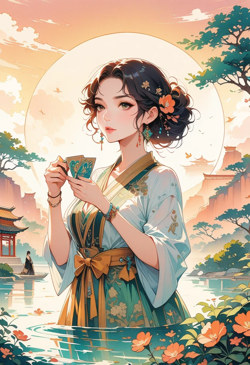 ((Best quality)) , ((Masterpiece)) , (Detailed) , (((card game illustration)))，Scribbled brushstrokes of the gloomy digital age (woman:1.3) Hold a tea , She was curious, Women have geometrically shaped noses, She wears Jellaba, Jellaba is retro-futuristic, It has vintage details on it, Exercise posture, 靠近 Chibi Christ the Redeemer, At sunset, Surprising, suns rays, Macro lens, 8K resolution. This scene embodies the tranquility and beauty of classical Chinese art, with a touch of nature，Chinese illustration，flat illustration，Marker drawing，Colored ink on paper，Vector illustration