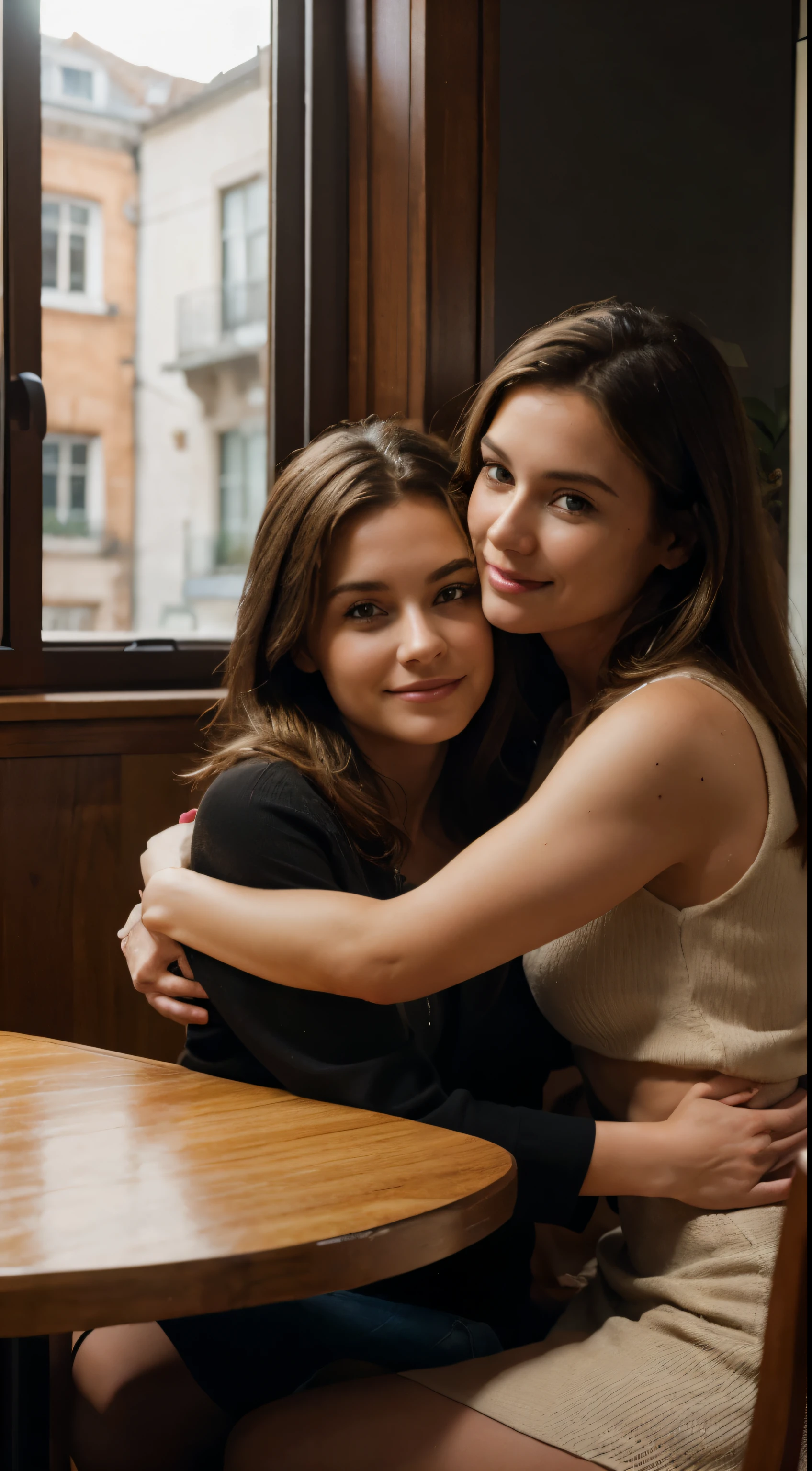 two woman, young brunette and middle age blonde, together, table, lunch, cozy, modern, posing hug, Realistic, photo, ultra quality, modern, highly detailed, photograph Best Quality,Masterpiece,Ultra High Resolution,(Realisticity:1.4),Original Photo,Cinematic Lighting,smile,backlighting