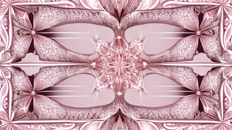 Symmetrical fractal design with star-like patterns in shades of pink with intricate detailling, set against a white blackground