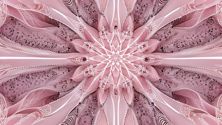 Symmetrical fractal design with star-like patterns in shades of pink with intricate detailling, set against a white blackground