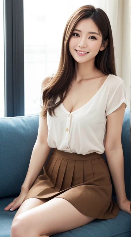 japanese woman、Stylish living room、sitting on the sofa、realistic pictures、High definition skin、beautiful woman、35 years old、beautiful clavicle、beautiful thighs、、smile、no makeup、shirt、pleated mini skirt、beautiful eyes、Beautiful mouth、long hair、brown hair、beautiful hair