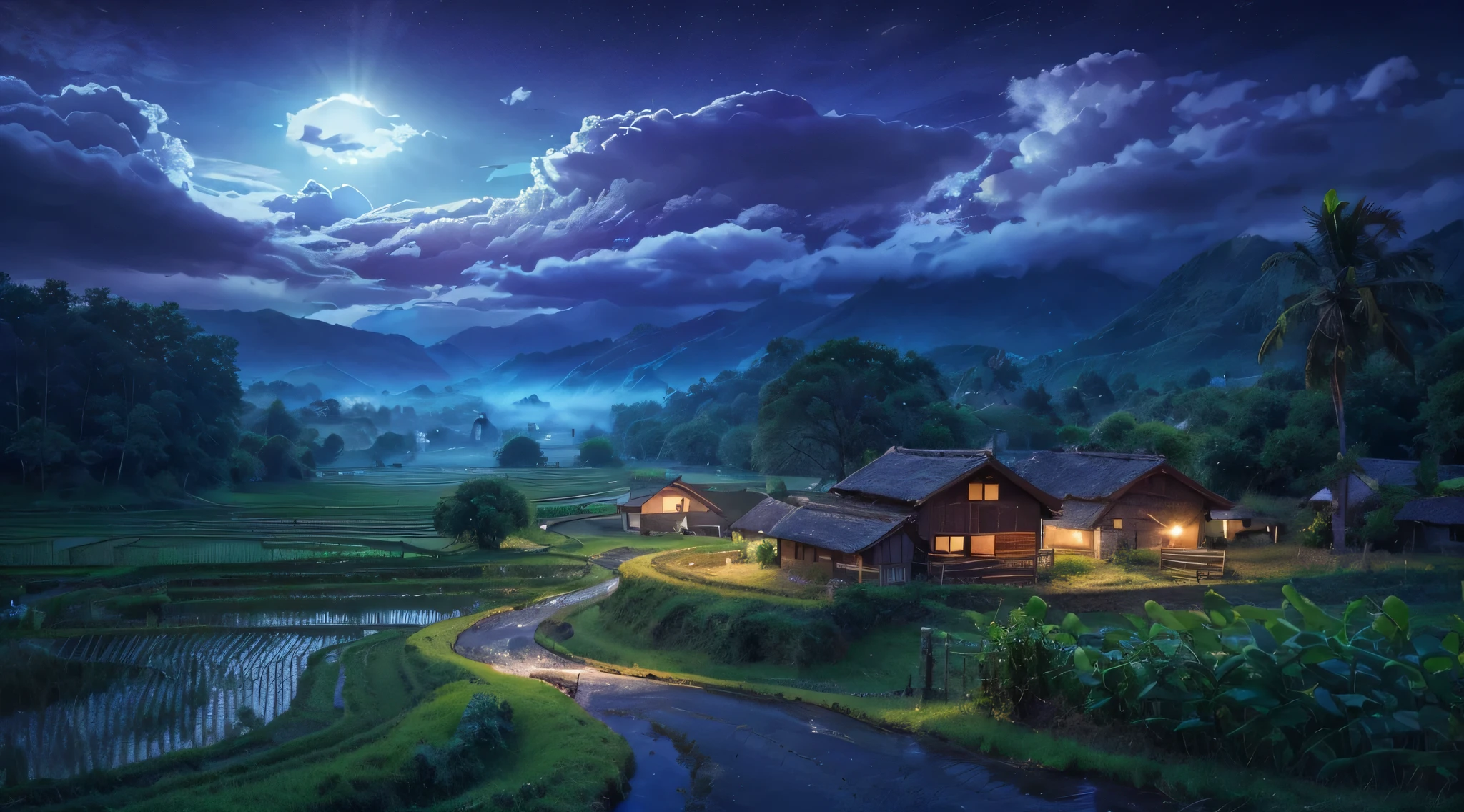 Create ultra-realistic photos of serene morning views in the countryside, complete with small rivers, village houses, rice fields, high mountains, livestock and farmers in the fields. images like professional camera photos produced with a Nikon DSLR camera, size 32k, UHD, HD photos, dramatic cinemaric effects with thin mist
