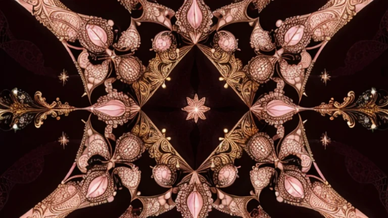 Symmetrical fractal design with star-like patterns in shades of pink with intricate detailling, set against a gold blackground