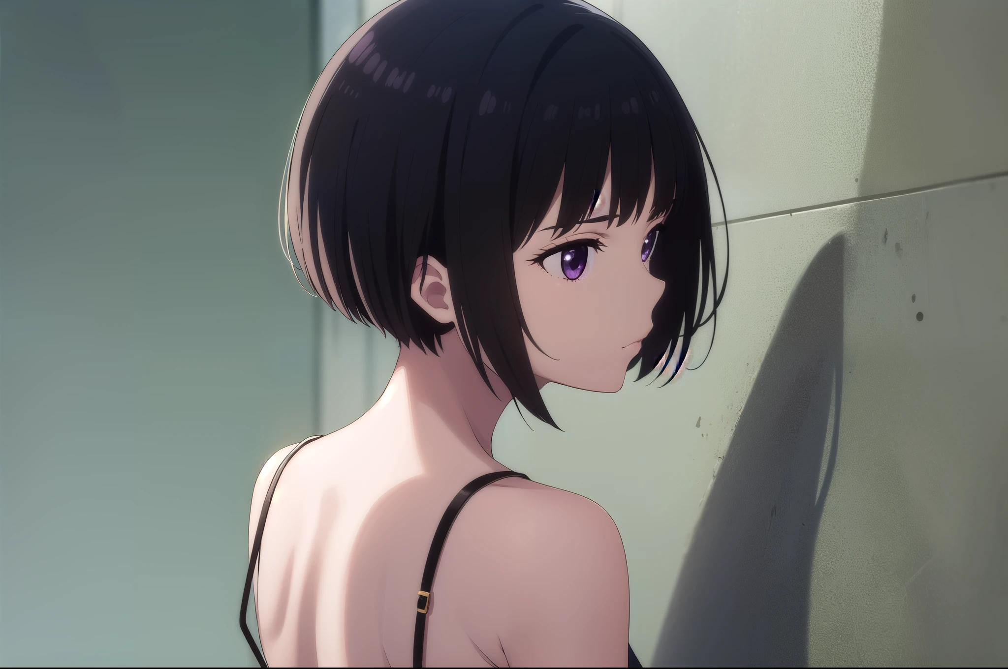 1girl, solo, exposed back, upper body, bob hair, short hair, short bob hair, bob cut, haircut, undercut, bobbed hair, minibob, buzz hair cut, purple eyes