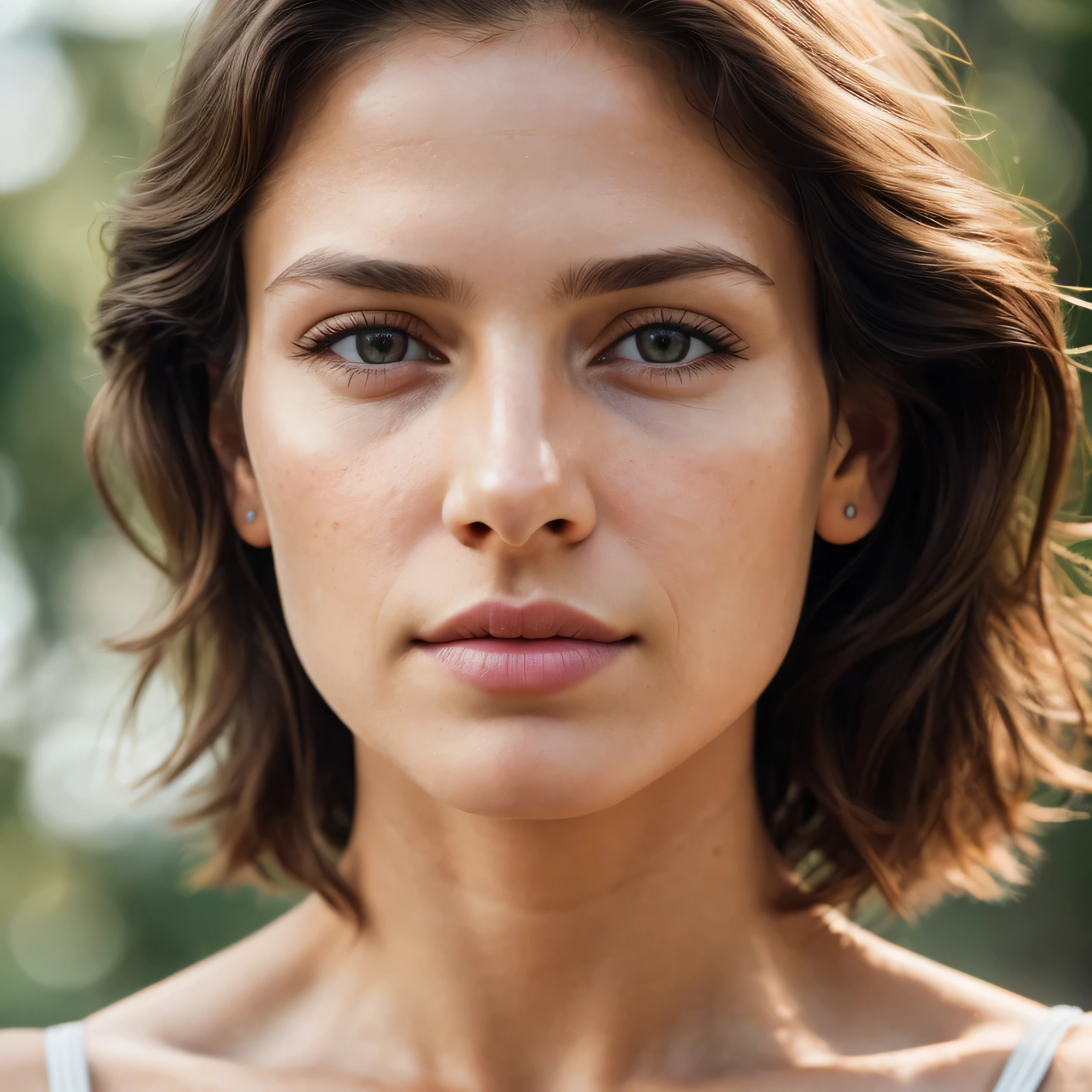 wearing fitness clotheasterpiece, best quality, high resolution:1.4), 1 Brazilian girl, angel, skin pores texture, Hair light brown, HD , Photography, movie, cinematic, full Body, Realistic, (8k, RAW photo, best quality, masterpiece:1.2), (realistic, photo-realistic:1.33), best quality, detailed small eyes brown, cute, sympathetic, Caucasian, natural lighting, depth of field, film grain, wrinkled skin, sharp, detailed and realistic portrait of a woman ,(freckles:0.5)