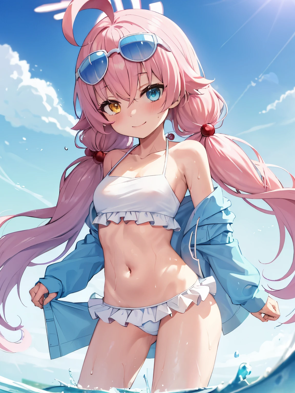 1 girl, Hoshino (blue archive), water着, bikini, alone, heterochromia, pink hair, long hair, twin tails, glasses on head, Ahoge, white bikini, blue eyes, sunglasses, belly button, hair ornaments, outdoor, Hello, beach, looking at the viewer, chest, Ocean, very long hair, frilled bikini, frills, blush, smile, hair bobble, Day, low twin tails, , open your mouth, null, yellow eyes, clavicle, bangs, water, tooth, Are standing, Sweat, High resolution,masterpiece, highest quality