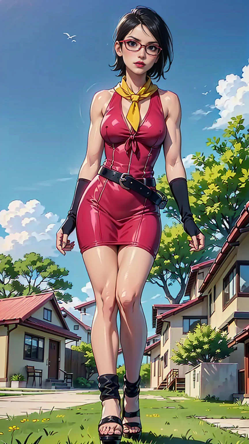 (1girl, solo, alone), (WakatsukiRisa, Sarada Uchiha, black hair, short hair, black eyes, red glasses), ((solo, (1woman, pink lipstick, black eyes), Extremely detailed, ambient soft lighting, 4k, perfect eyes, a perfect face, perfect lighting, a 1girl)), ((fitness, muscular, shapely body, athletic body, toned body)), ((red dress, sarashi, neck scarf, yellow scarf, black and white high heels, long gloves, white belt, wristband, walking in a backyard, neighborhood, houses, trees, lawn, outdoor day, backyard, neck tie))