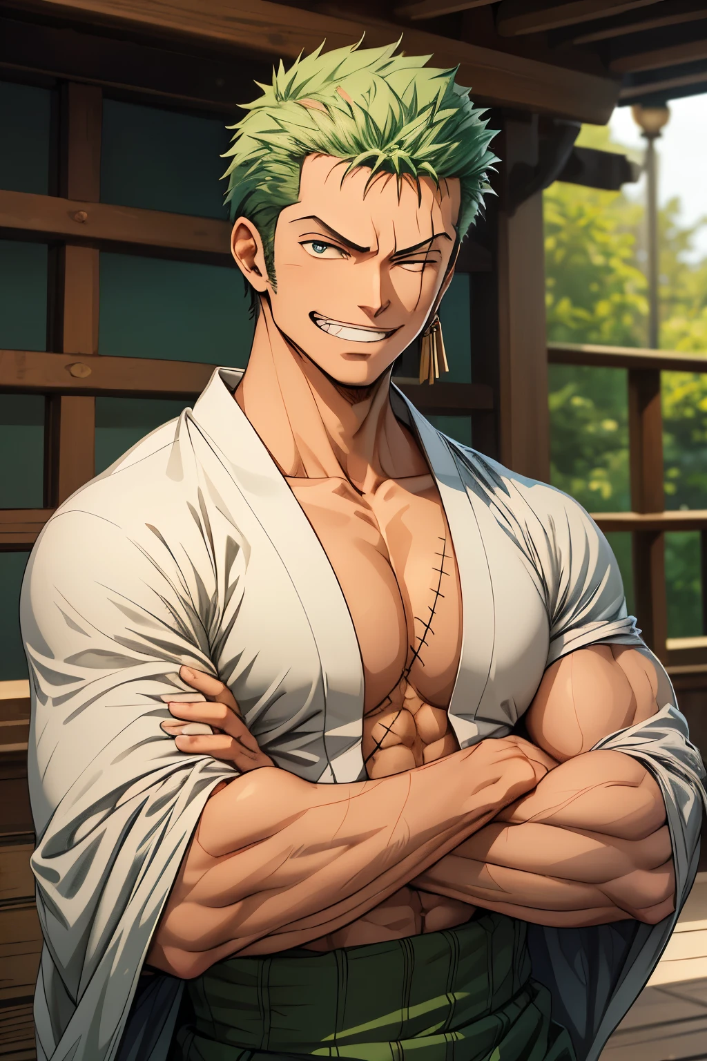 (masterpiece, best quality:1.2), cowboy shot, solo, male focus, 1boy, roronoa zoro, scar, muscular male, grin, looking at viewer, )crossed arms, japanese clothes, green kimono,make the hands fit prefect,focus more on the eyes