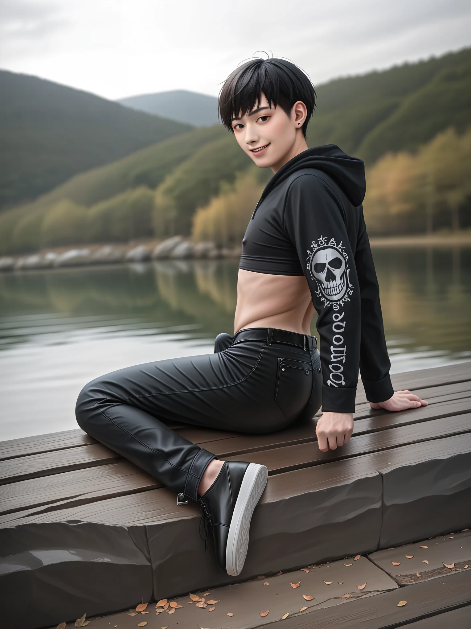 score_9, score_8_up, score_7_up, source_realistic, photo realistic, realism, real life, real, 1boy, korean boy, Korean, kpop, bulge, open jacket, makeup, emo, goth, huge erection, covered oenis, erection, looking at viewer, outdoors, sitting, by the lake, smug, emo, goth, femboy, gay, yaoi, penis, crop top, korean, asian, Japanese, horny, presenting ass, ass
