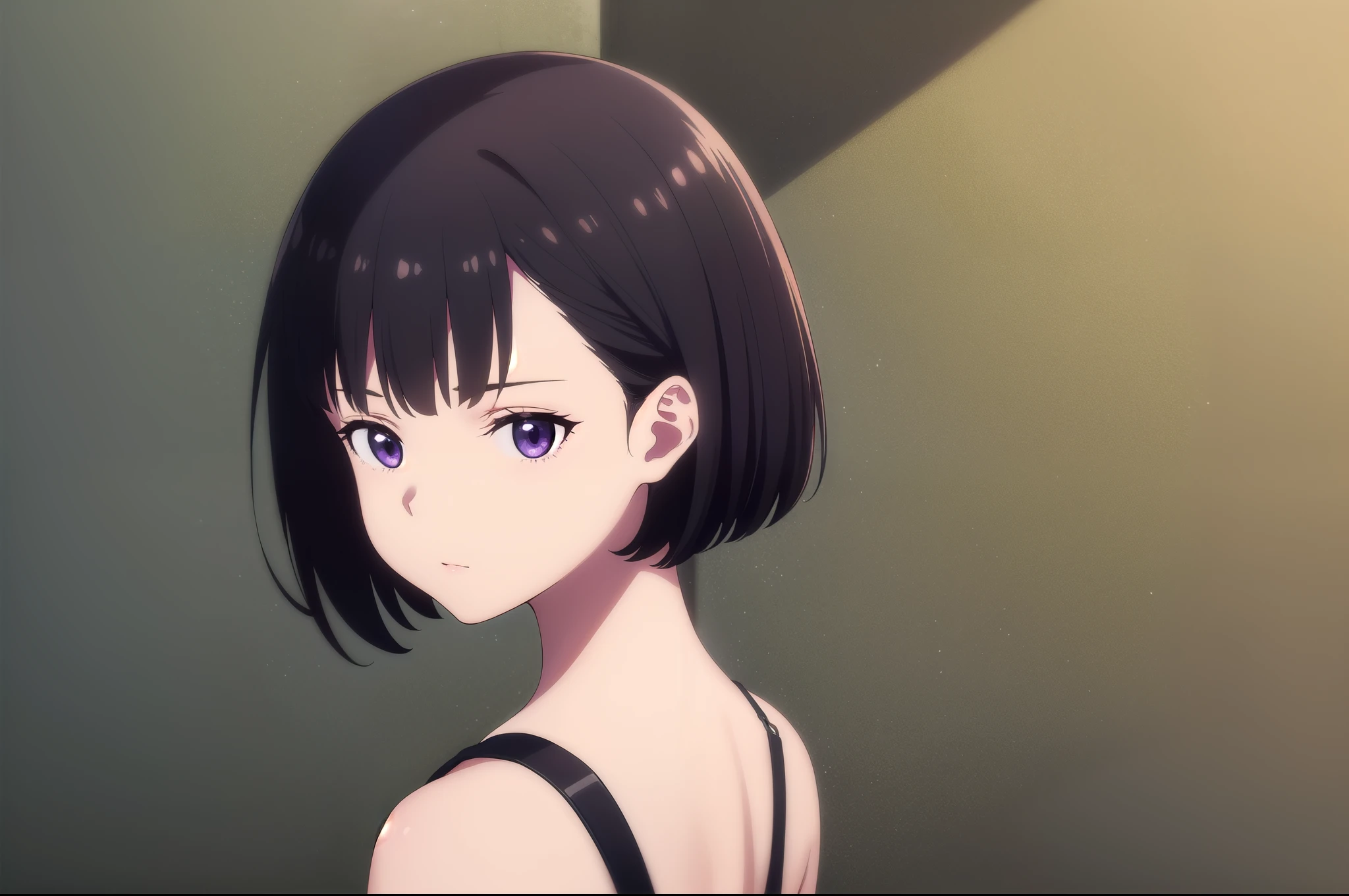 1girl, solo, exposed back, black hair, bob hair, short hair, short bob hair, bob cut, haircut, undercut, bobbed hair, minibob, buzz hair cut, purple eyes, Shave his hair, Short ear hair