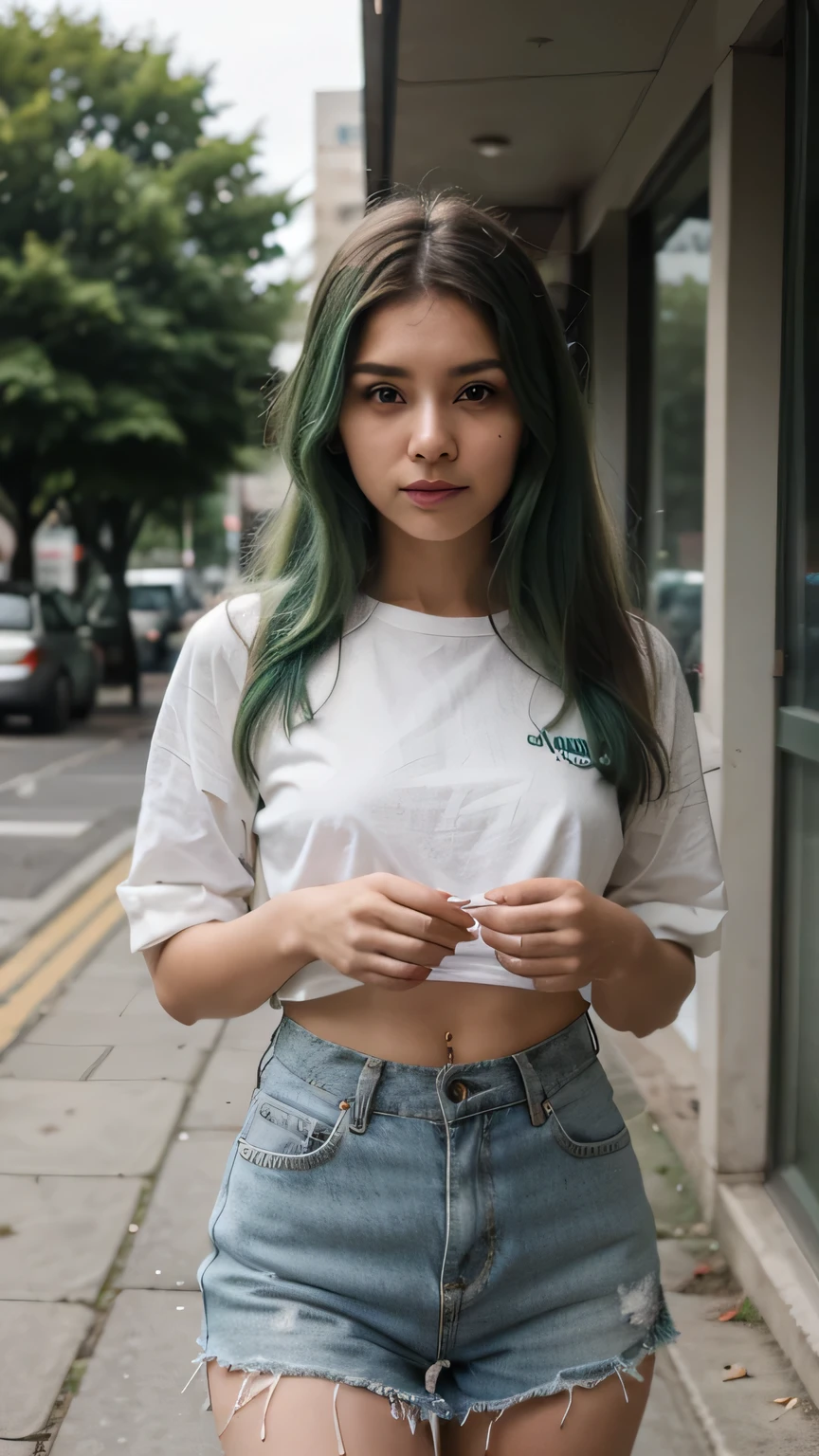 1girls, Nur, green Hair , 24 years old, stylish, eye-catching daily wear

