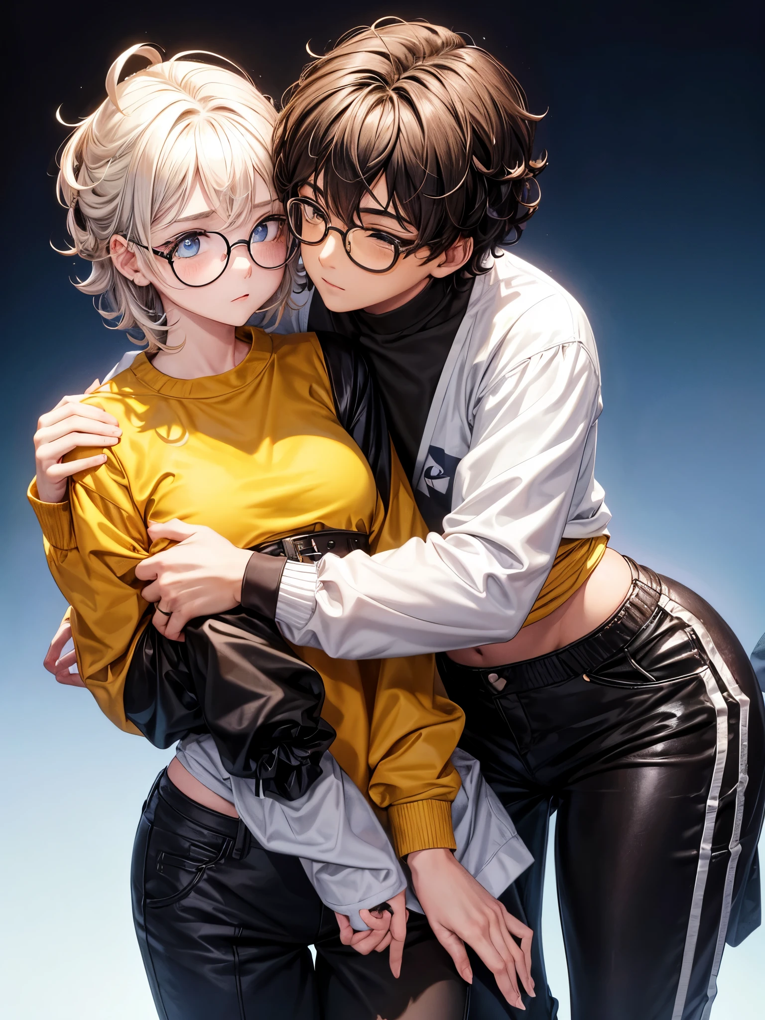A couple hugging. The girl is smaller than the boy , ela tem cabelo meio curto escuro , your skin is light and your eyes are dark brown , usa um vestido preto tomara que caia e um corset preto na cintura. The boy has fair skin and hazel eyes., your hair is straight and on top is curly hair , He wears round glasses, a light yellow sweatshirt and black pants. They both wear silver rings.