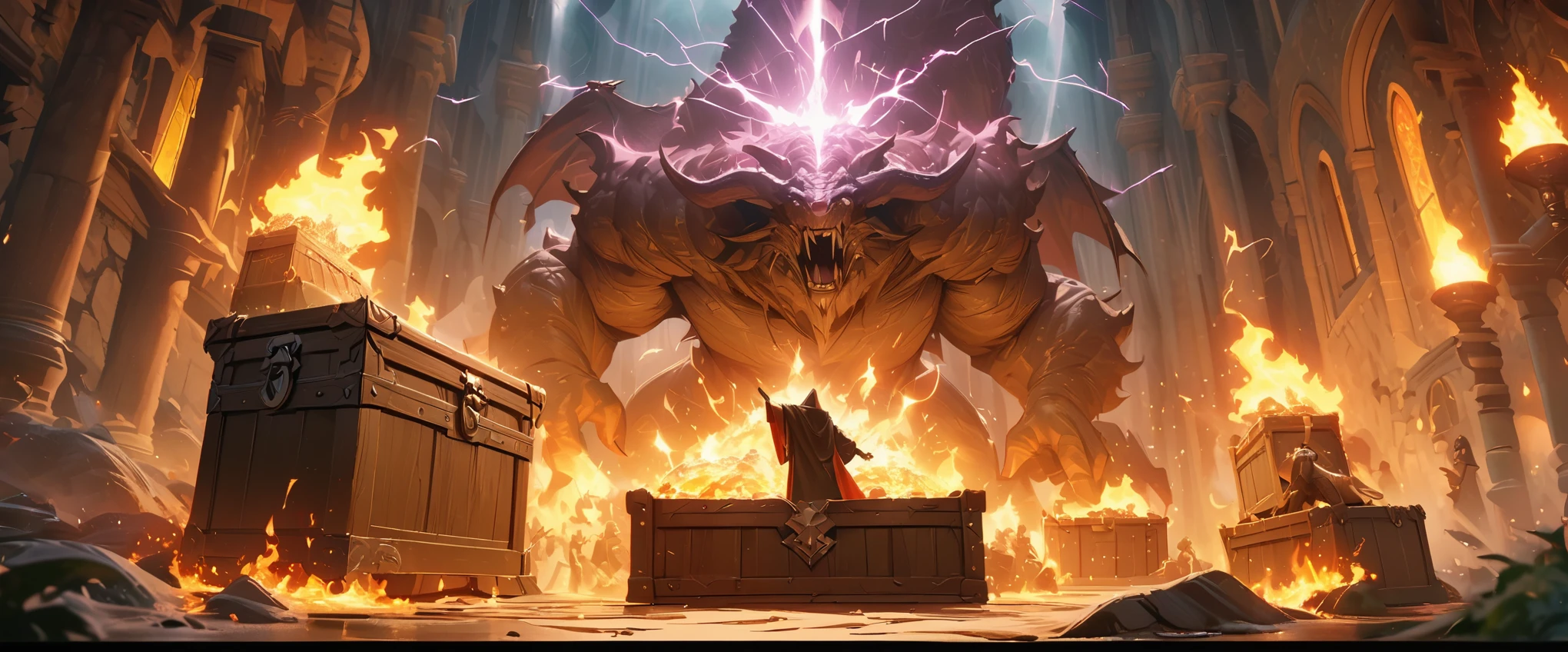 Flat coating,world of dungeons and dragons,Grand scene,Epic graphics,((warrior)),((mage)),(Priest),Fight the dragon guarding the treasure chest,Gorgeous magic,majestic holy light,fire light,lightning,8k,Rich details,masterpiece,precise,(((OC renderer)))