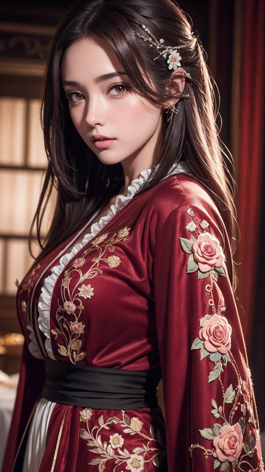 1Beautiful girl, extremely detailed CG unified 8k wallpaper, highly detailed, High-definition raw color photos, professional photography, Realistic portrait, teenager, brunette, long hair, "velvet robe - deep maroon with intricate floral embroidery