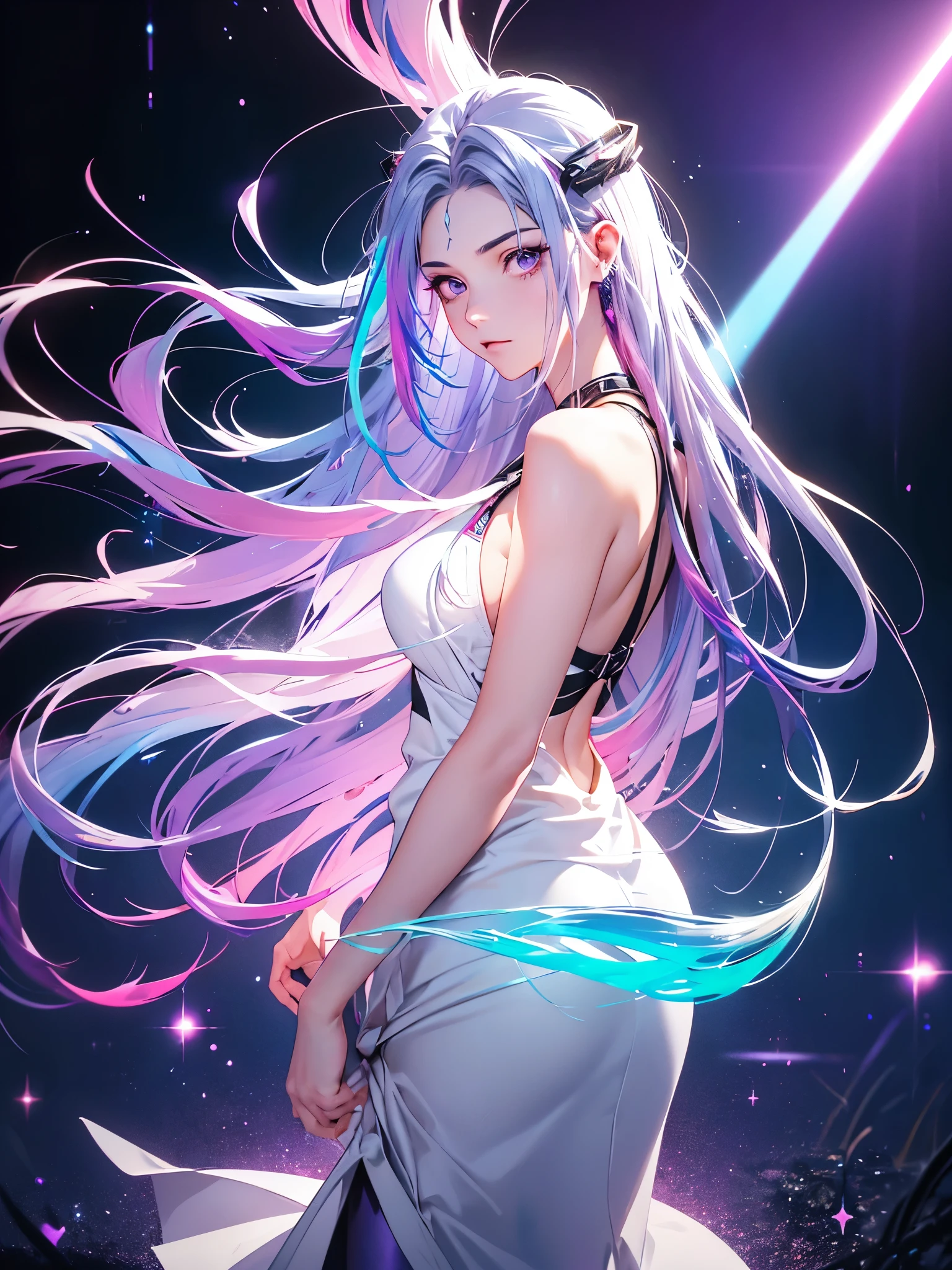 1 girl, 20 year old girl, one person, (Silver blue hair streaked pink purple:1.4), (Gradient sky blue hair ends:1.6), hair strand, absurdly long hair, single sidelock, wavy hair, shiny hair, floating hair, (Illusion deep purple eyes), delicate eyes, aqua eyes, High like real eyes, ((glowing eyes)), makeup, Focus on face, Very detailed facial, hot body, Random environment, Random pose, on the street, looking at the starry night sky, meteor, Technical clothing masterpiece, White extra long skirt, several cross stars beside, Colored lights swirl around the body, (((Extra super huge colorful extra super complex multiple glowing magic circle upright on the back of the head))), cyberpunk, full body shot, realism, chiaroscuro, (glowing light), sparkle, ray tracing, cinematic lighting, Futurism, motion blur, Ultra-Wide Angle, god rays, atmospheric perspective, best quality, UHD, super detail, masterpiece, highres, ccurate, retina