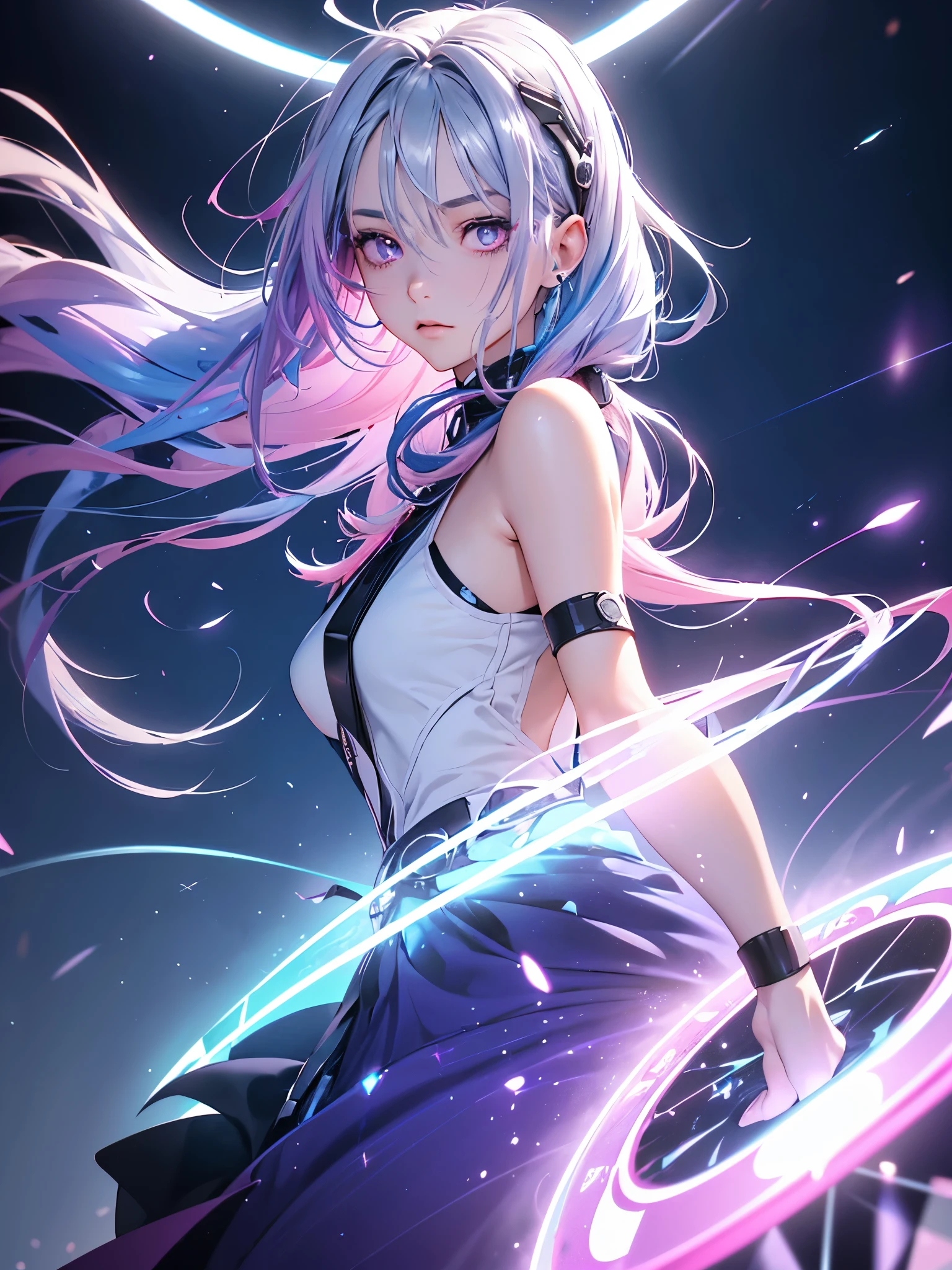 1 girl, 20 year old girl, one person, (Silver blue hair streaked pink purple:1.4), (Gradient sky blue hair ends:1.6), hair strand, absurdly long hair, single sidelock, wavy hair, shiny hair, floating hair, (Illusion deep purple eyes), delicate eyes, aqua eyes, High like real eyes, ((glowing eyes)), makeup, Focus on face, Very detailed facial, hot body, Random environment, Random pose, on the street, looking at the starry night sky, meteor, Technical clothing masterpiece, White extra long skirt, several cross stars beside, Colored lights swirl around the body, (((Extra super huge colorful extra super complex multiple glowing magic circle upright on the back of the head))), cyberpunk, full body shot, realism, chiaroscuro, (glowing light), sparkle, ray tracing, cinematic lighting, Futurism, motion blur, Ultra-Wide Angle, god rays, atmospheric perspective, best quality, UHD, super detail, masterpiece, highres, ccurate, retina