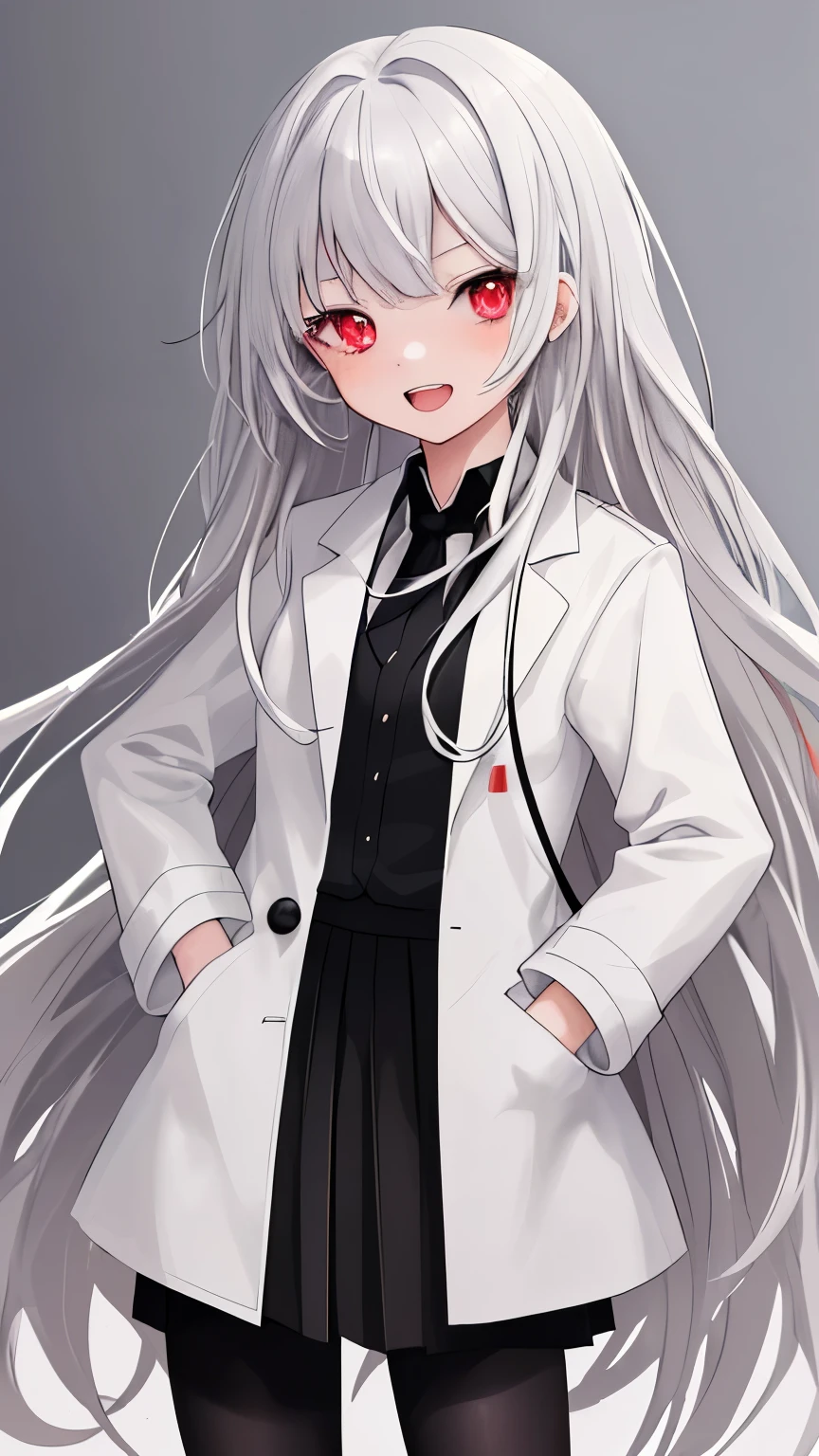 ((masterpiece)), ((highest quality)), ((High resolution)), ((finely)),anime coloring,bust up shot,Emphasize facial expressions,A fascinating -yeld beiful girl doctor,Cute smile with open mouth showing double teeth,red eyes,Untidy silver straight long hair,Upper body,Dim Lab,He puts his hands in the pockets of his baggy long white coat.,Torn white shirt and black tie,Tight skirt in torn black,Torn black pantyhose
