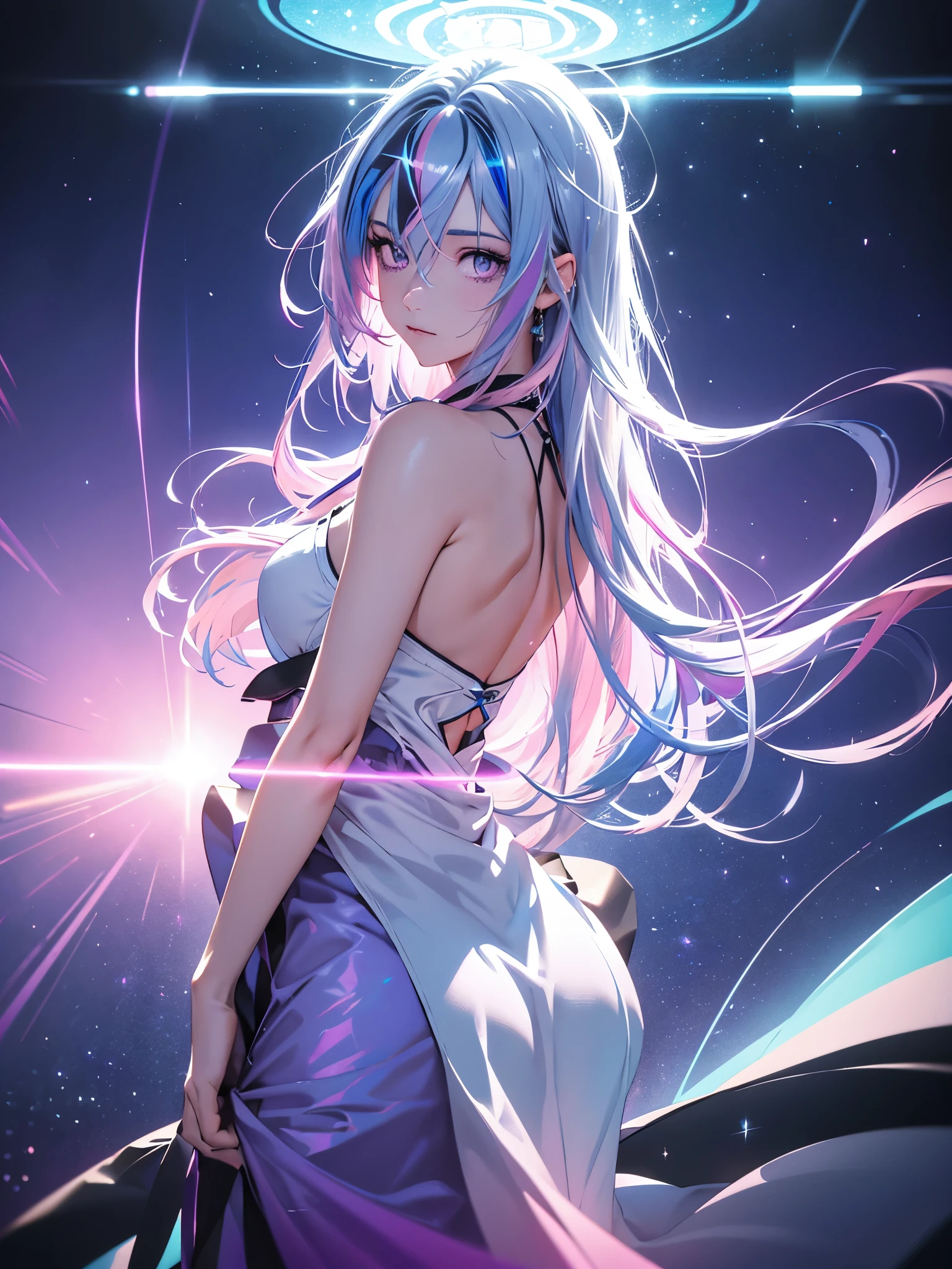 （Close-up of the painting style，8k ultra high definition，Masterpiece grade vista CG wallpaper）Magnificent sky，cute girly，Perfect slim body，Colorful sleeveless dress，Pure eyes，Smooth skin，Stroll through the colorful gardens，background moon，Galaxy River，dreamy sky。