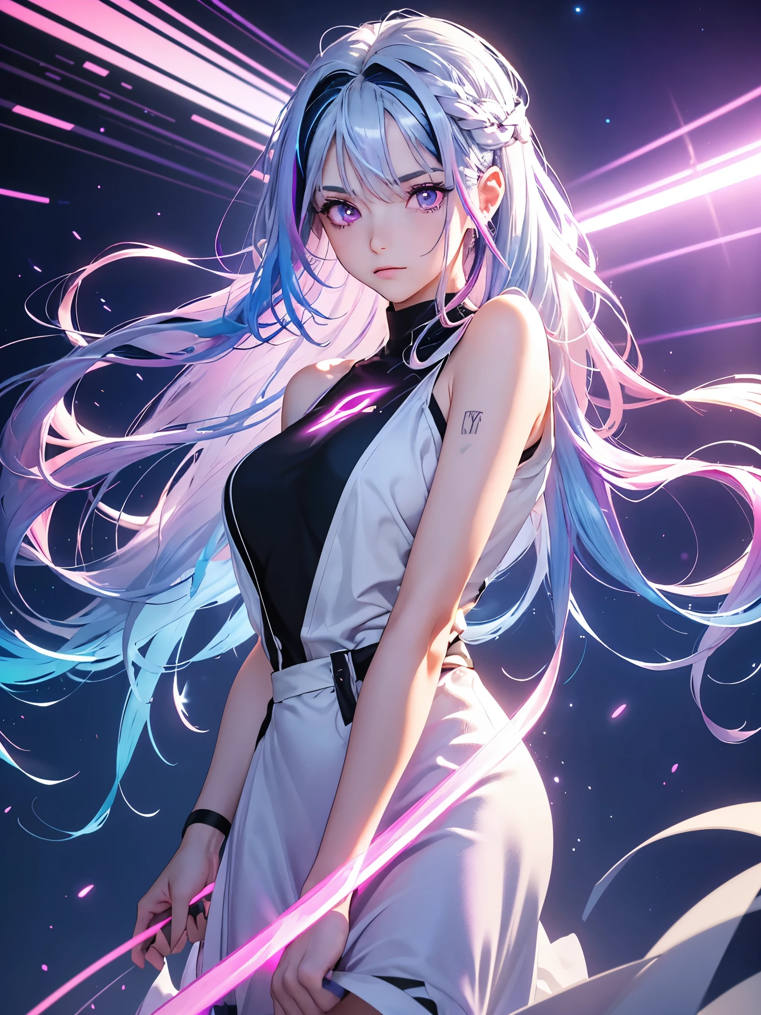 1 girl, 20 year old girl, one person, (Silver blue hair streaked pink purple:1.4), (Gradient sky blue hair ends:1.6), hair strand, absurdly long hair, single sidelock, wavy hair, shiny hair, floating hair, (Illusion deep purple eyes), delicate eyes, aqua eyes, High like real eyes, ((glowing eyes)), makeup, Focus on face, Very detailed facial, hot body, Random environment, Random pose, on the street, looking at the starry night sky, meteor, Technical clothing masterpiece, White extra long skirt, several cross stars beside, Colored lights swirl around the body, (((Extra super huge colorful extra super complex multiple glowing magic circle upright on the back of the head))), cyberpunk, full body shot, realism, chiaroscuro, (glowing light), sparkle, ray tracing, cinematic lighting, Futurism, motion blur, Ultra-Wide Angle, god rays, atmospheric perspective, best quality, UHD, super detail, masterpiece, highres, ccurate, retina