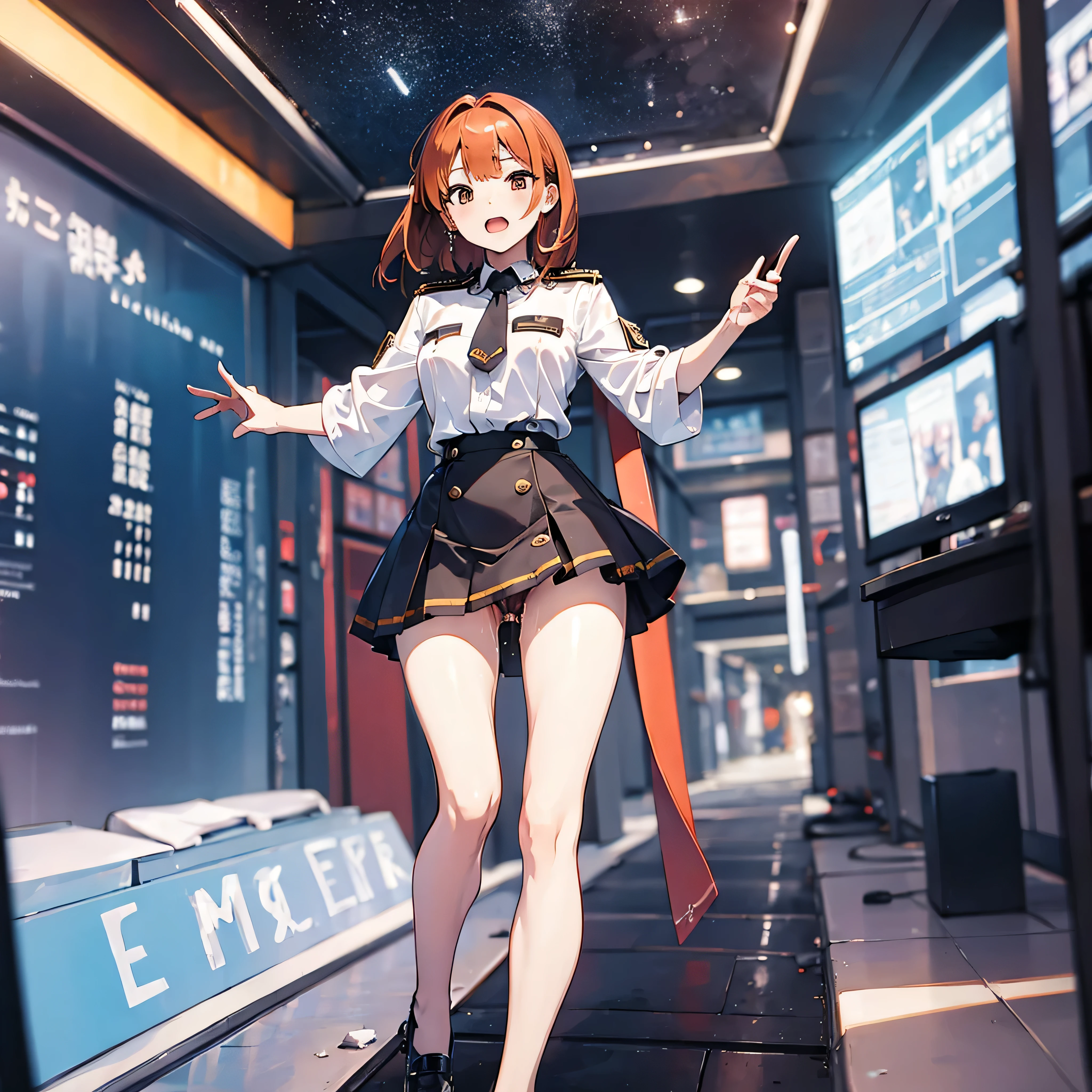 (solo:1.2), 1 ish girl standing in space ship, galaxy in distance, military uniform, too short skirt, (short orange hair), (very long sidelocks), narrow shoulders, narrow waist, skinny long legs, thigh gap, pigeon toed, (nsfw:0.7), orgasm, show off vagina squirting out pussy juice