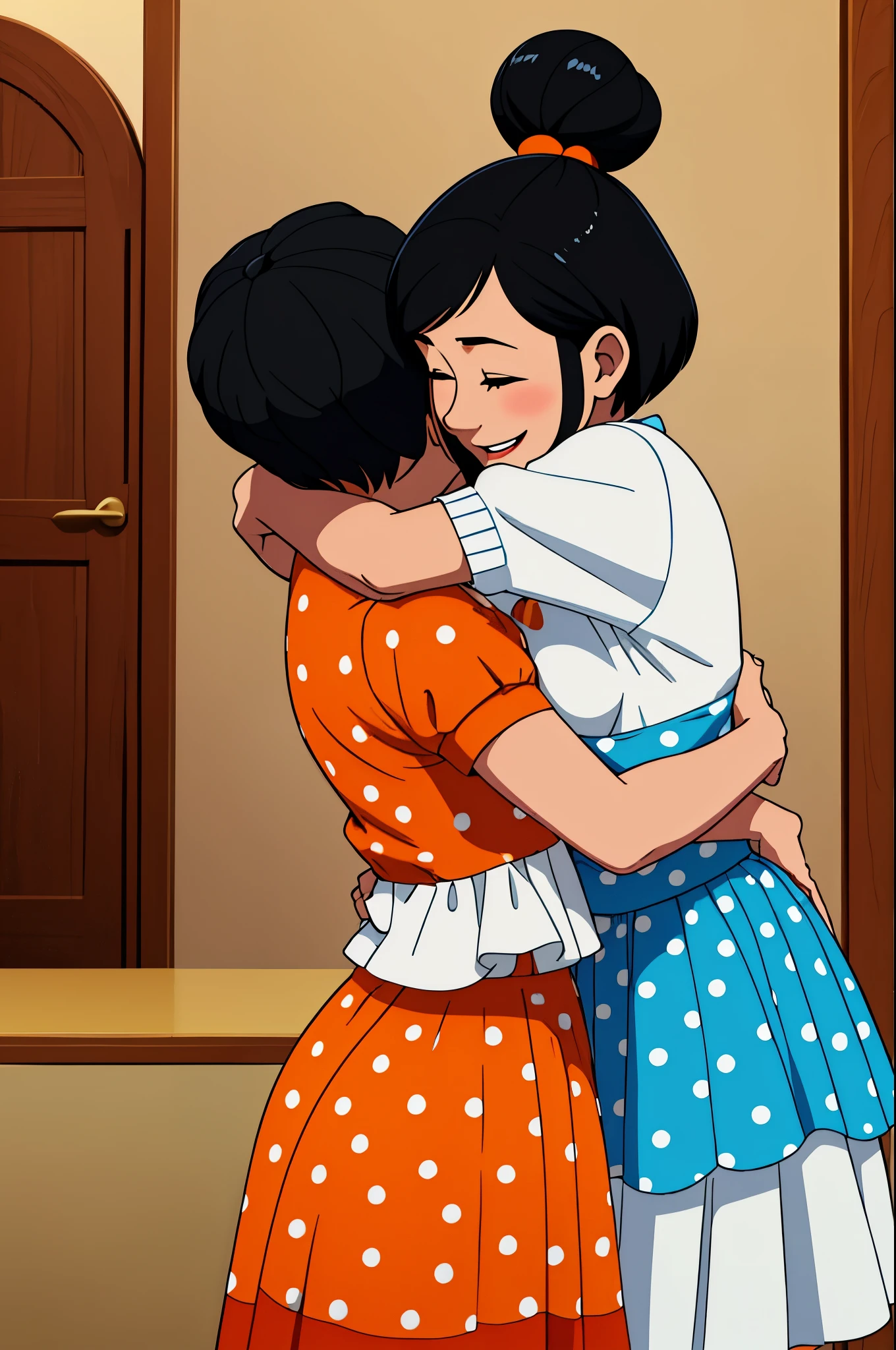 momとdaughterの感動の再会、hug each other,smile、
"mom:(clothing:orange polka dot dress)、(hairstyle:shortcut、black hair)"
"daughter:(clothing:Knitted Bottom、white skirt),(hairstyle:long、black hair)"