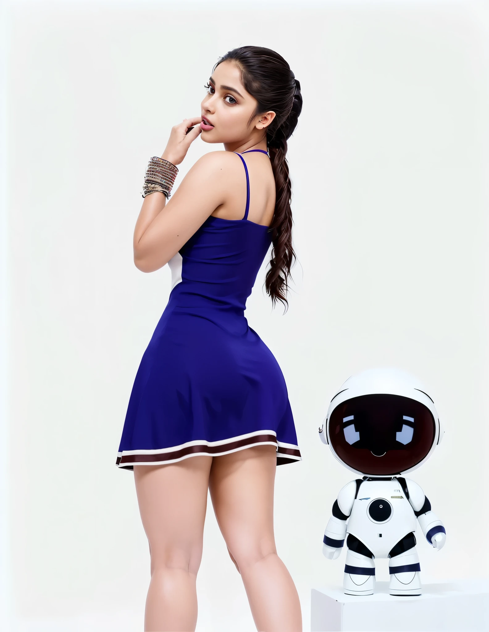 Back view, ((Beautiful brown girl, Odeya Rush, Becky G, maitreyi ramakrishnan, Priyanka Chopra, 18 years)), dressed in a blue High School cheerleader minidress and a white stuffed robot on the side, Big booty, slim waist, beautiful soft thighs, beautiful legs, vibrant, vivid, perfect lighting, HDR, 8k, ((intricate detailed:1.4)), ((hyper realistic)), Extremely Realistic, Realism, Raw photo, Photography, Photorealism, Photoshoot