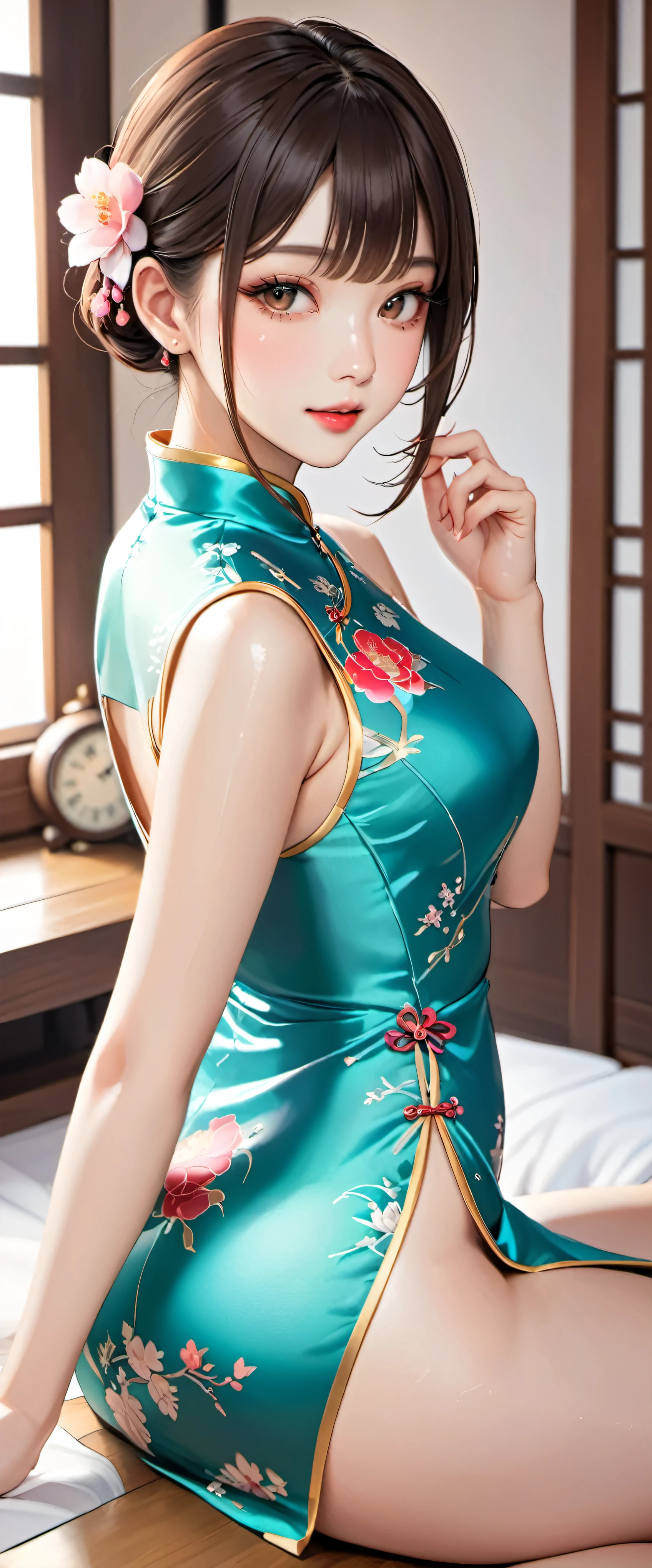 (masterpiece,highest quality,超A high resolution),japanese woman, (((Very beautiful 25 year old girl))), pretty girl、look at the photographer、 (()), super cute face, glossy lips, double eyelids in both eyes,natural smile、 natural makeup, long eyelashes, Shiny and smooth hair、center image, perfect limbs, perfect ???????,(((Silk cheongsam)))、(((turn around and look back)),