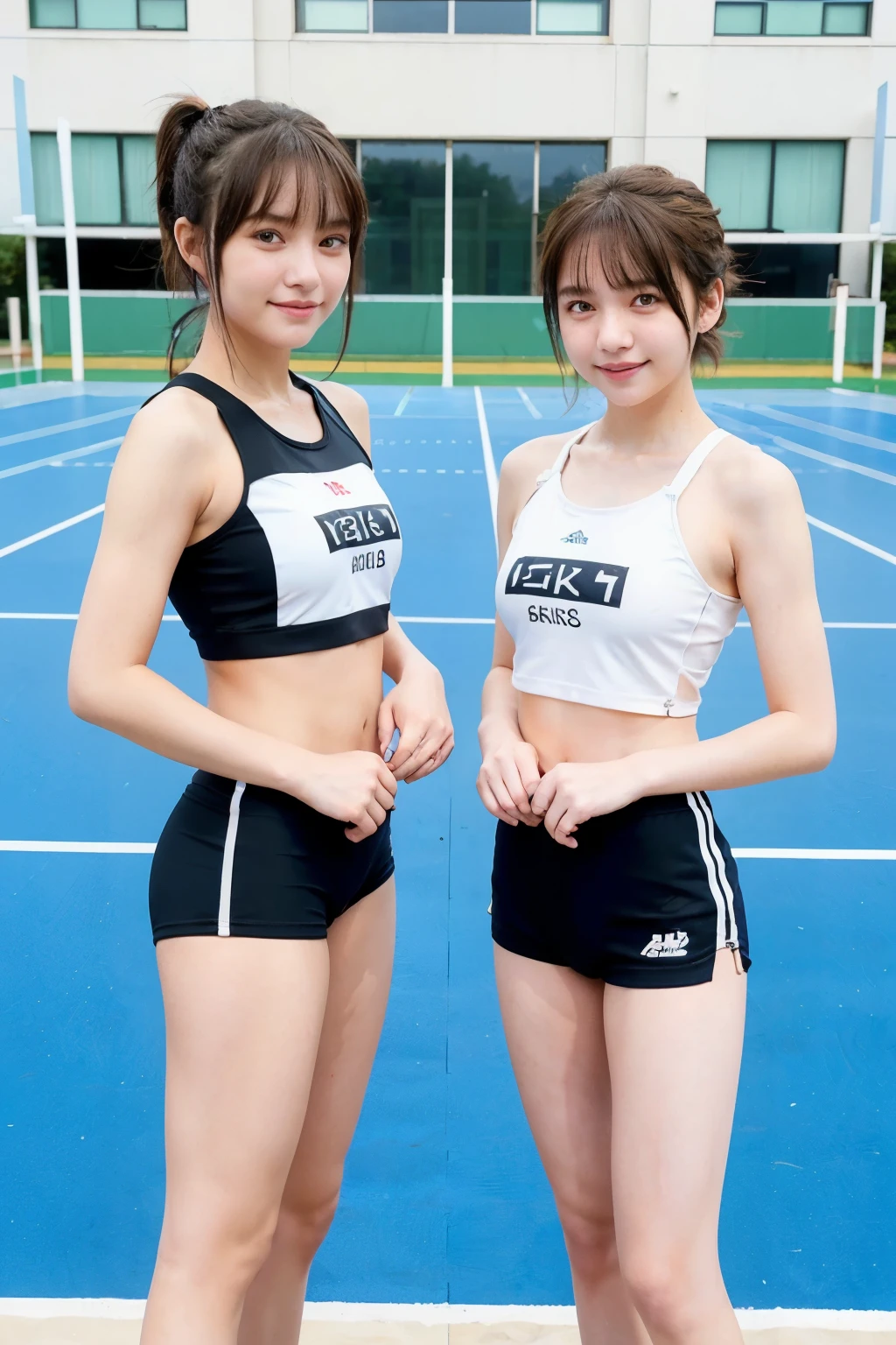 (2girls), (a detailed full-body RAW photo of a girl), (masutepiece:1.0), (Best Quality:1.4), (超A high resolution:1.2), (Photorealistic:1.4), 8K resolution, Canon EOS R5, 50 millimeters, absurderes, ultra-detailliert, (25-years old), Sharp Focus, Cinematic lighting, Detailed beautiful face, (no-makeup:1.2), (ulzzang -6500-v1.1), petite figure, Detailed skin texture, Suntan skin, flat chest, (skinny and fit body:1.6), Thigh gap, Detailed brown hair,  sweltering,(Very short hair:1.5), realistic glistening skin, (Sweating), NFSW, Heavy breathing, (small tits, Cameltoe, Erect ), well-developed abdomen, Blue sky, bikini tan, (Dark Santan), (flat chest:1.5),  Dynamic Pose,  (Lower Flåm), Dynamic Pose, (in track outfit), outside on track field,  (Skin color that can be seen through panties:1.4), (hip fourcus:1.3), (small fit tubetop), (strech, sit and spread crotch)