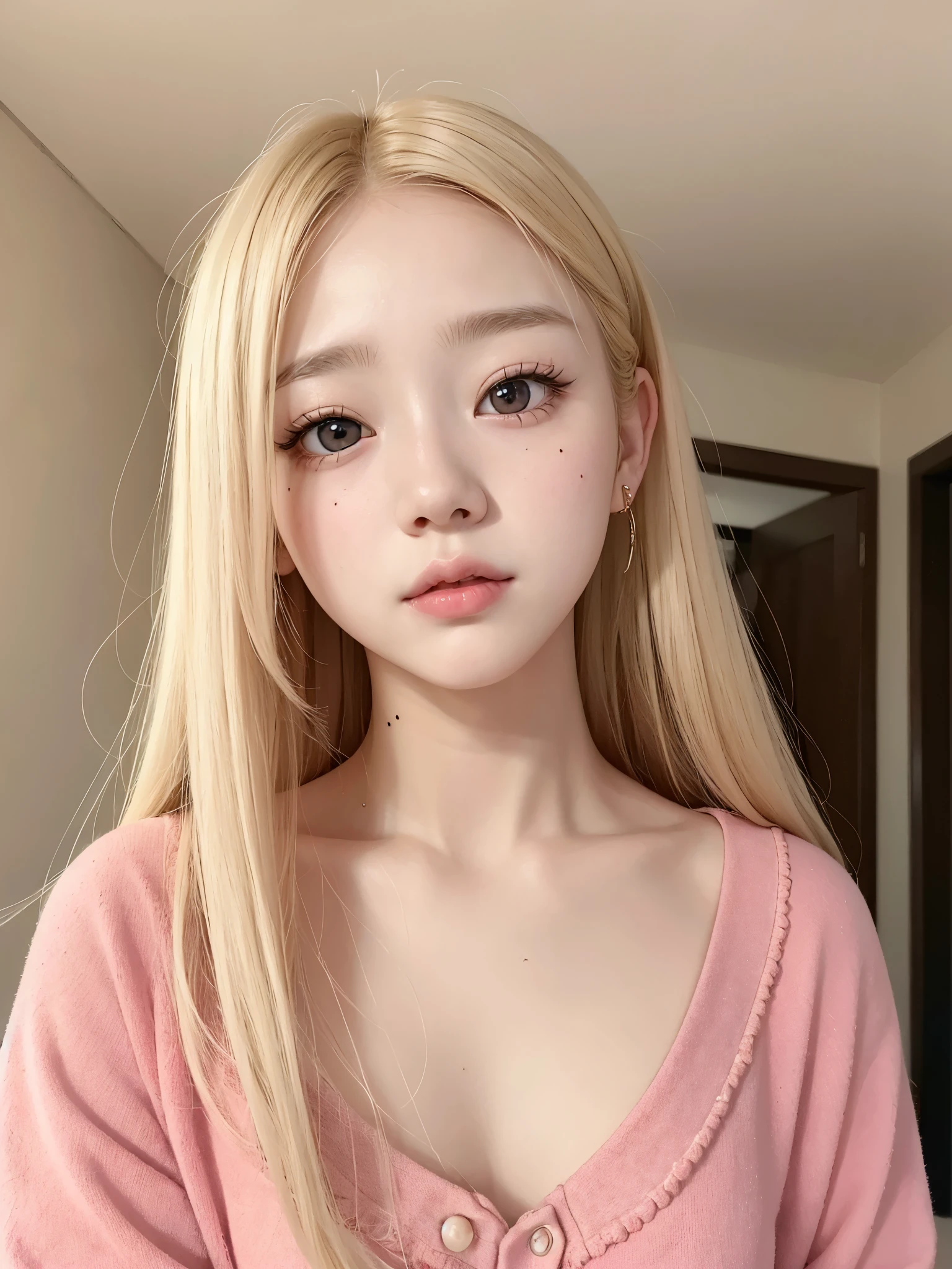 A young girl with very light blonde hair and pretty 20 years old, con cara de Wonyoung, Jang Wonyoung, doll eyes, estilo lindo, prendas rosadas. Chica japonesa, very tender asian girl with pale skin, ojos grandes, labios gruesos, ropa rosa, ella tiene el cabello muy largo, her face is pretty like a baby, se parece a Jang Wonyoung de ive, es Wonyoung, busto grande.