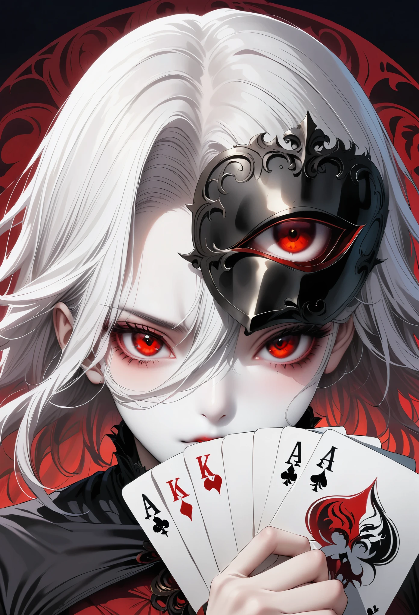 alone, ((long white hair)), ((Red eyes)), (Poker face), (dwarf), ((high quality)), (Very detailed), Fateful night, Inspired by Takeuchi Takahashi