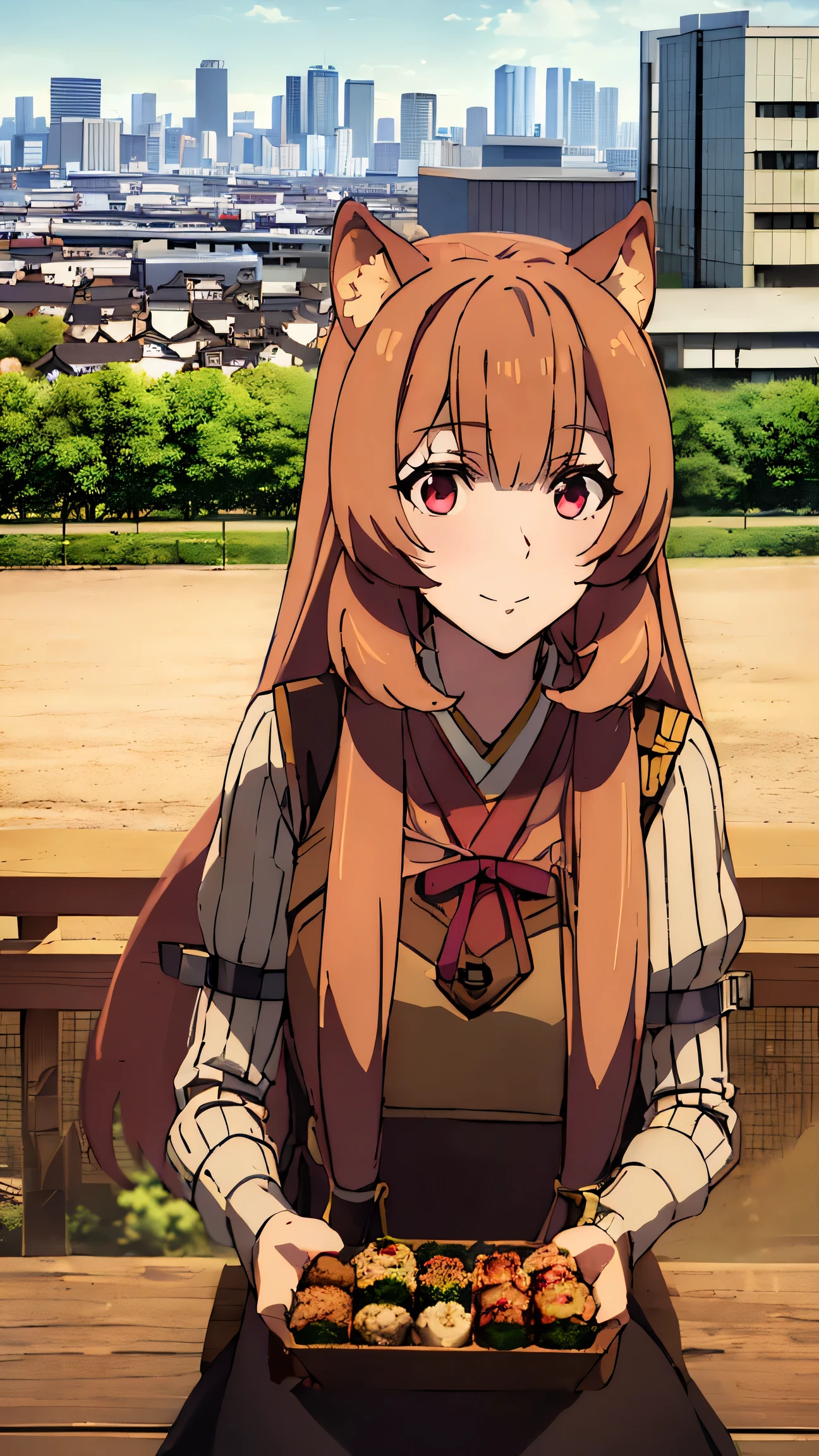 Raphtalia reincarnated in Japan, Beauty、brown hair, animal ears, red eyes,Little smile、(Look this way:1.8)(full body shot:0.3)Japanese town、Eat takoyaki、convenience store、(Drive a motor vehicle:1.8)、Passer-by、(Distant view of modern Japanese city buildings:1.5)