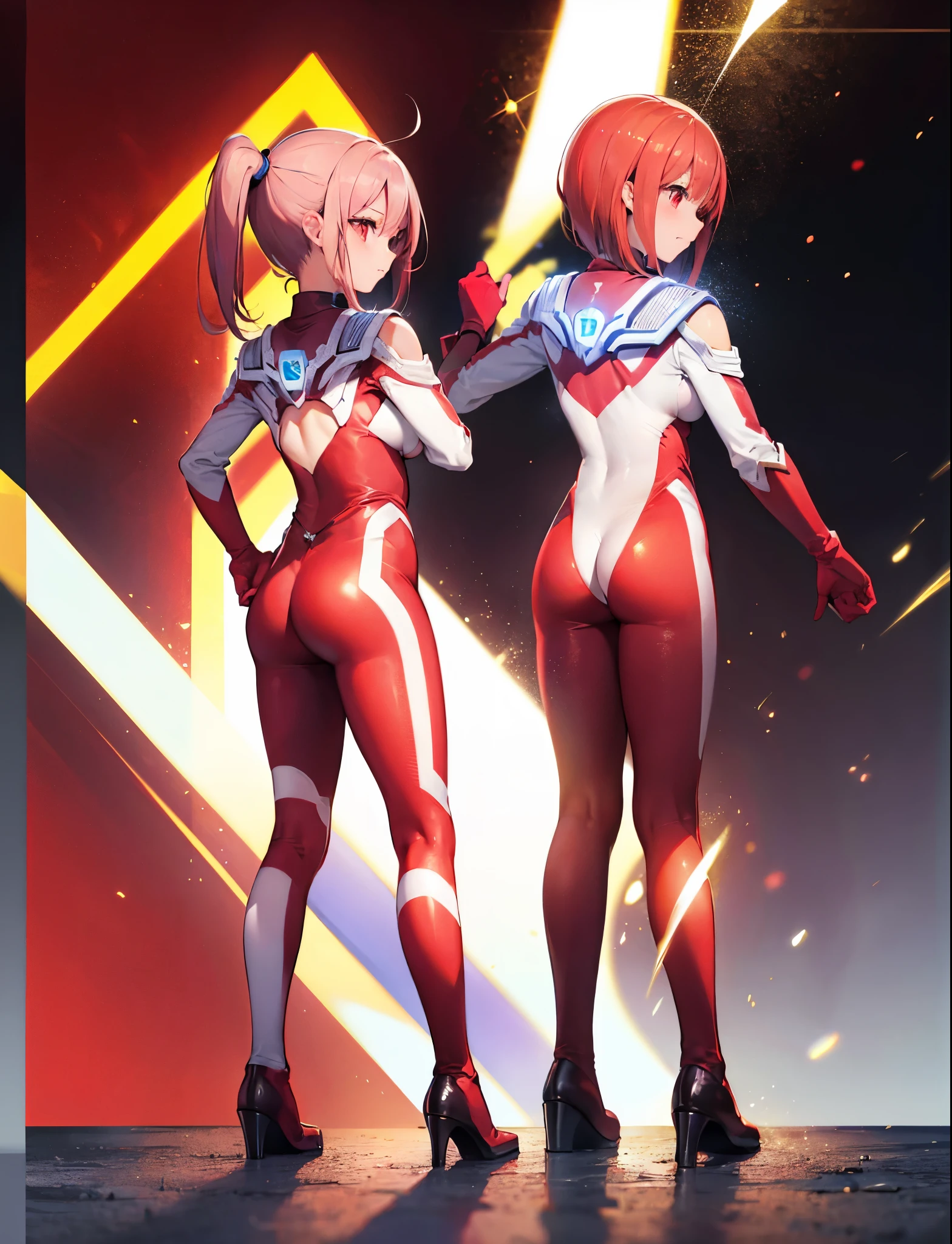 realistic,highest quality, ultra detail, High quality CG drawing, The most delicate and beautiful, Floating gently, High resolution, (1 girl), (Highest image quality,4K,8K,masterpiece:1.2),(all red hair:1.5), (medium hair:1.5),(red eyes:1.5), (ultra girl:1.0), (red ultraman bodysuit:1.4),(slightly bigger breasts:1.5),Upper body,(clenched fist:1.2),(put both hands on hips:1.2), red gloves,red shoes,(Turn your back to your audience:1.3),butt
