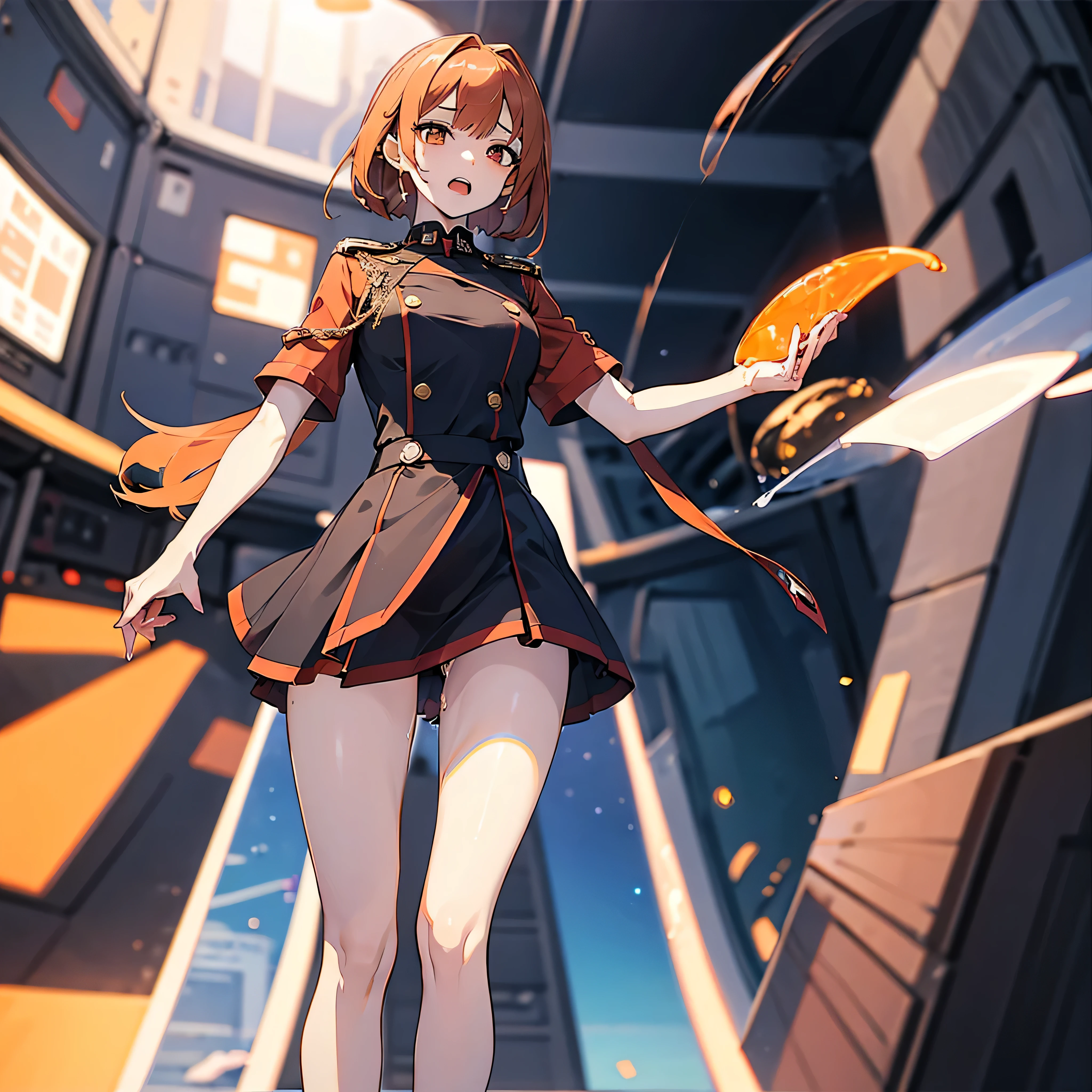 (solo:1.2), 1 childish girl standing in space ship, galaxy in distance, military uniform, too short skirt, (short orange hair), (very long sidelocks), narrow shoulders, narrow waist, skinny long legs, thigh gap, pigeon toed, (nsfw:0.7), orgasm, show off vagina squirting out pussy juice